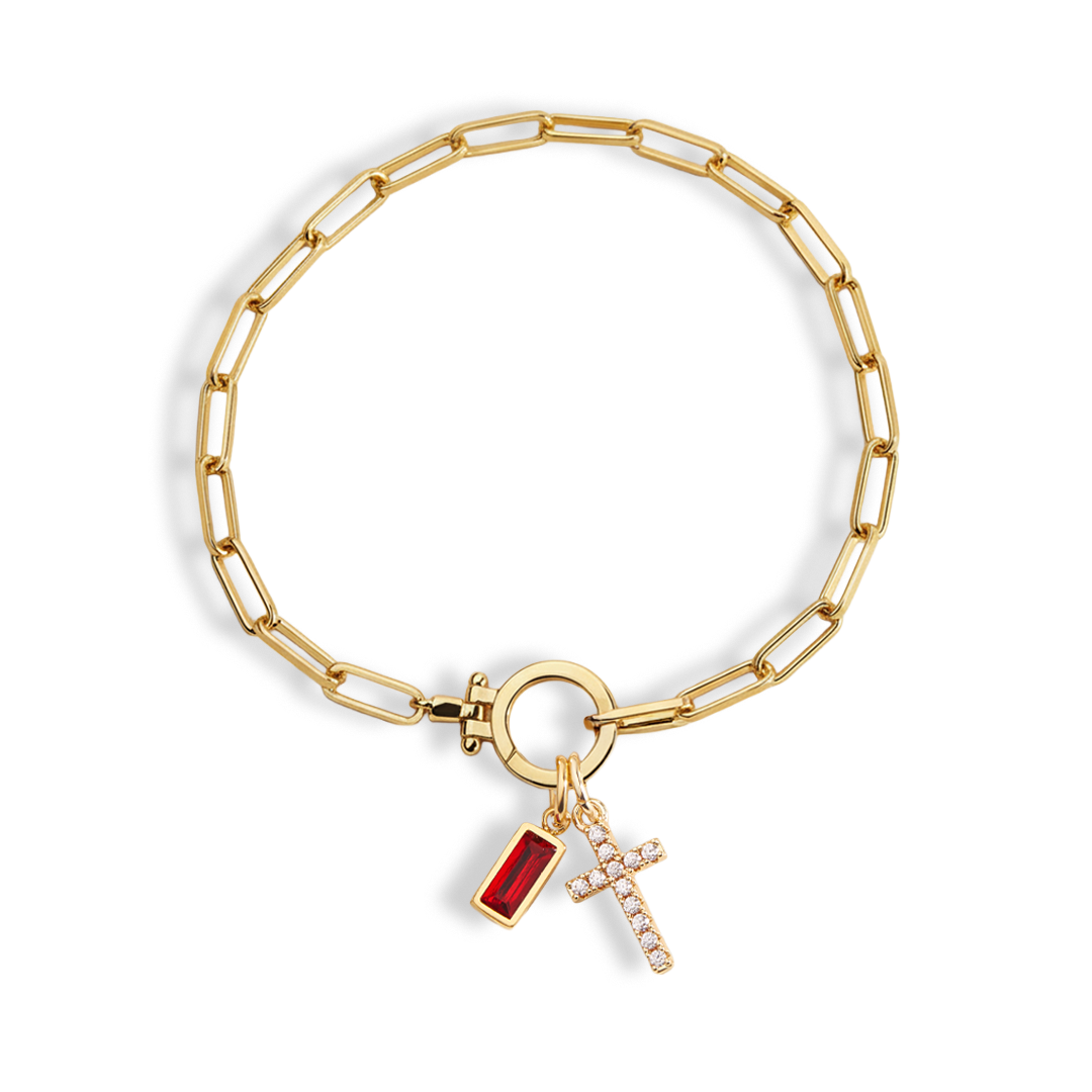 Cross Charm Birthstone Paperclip Bracelet