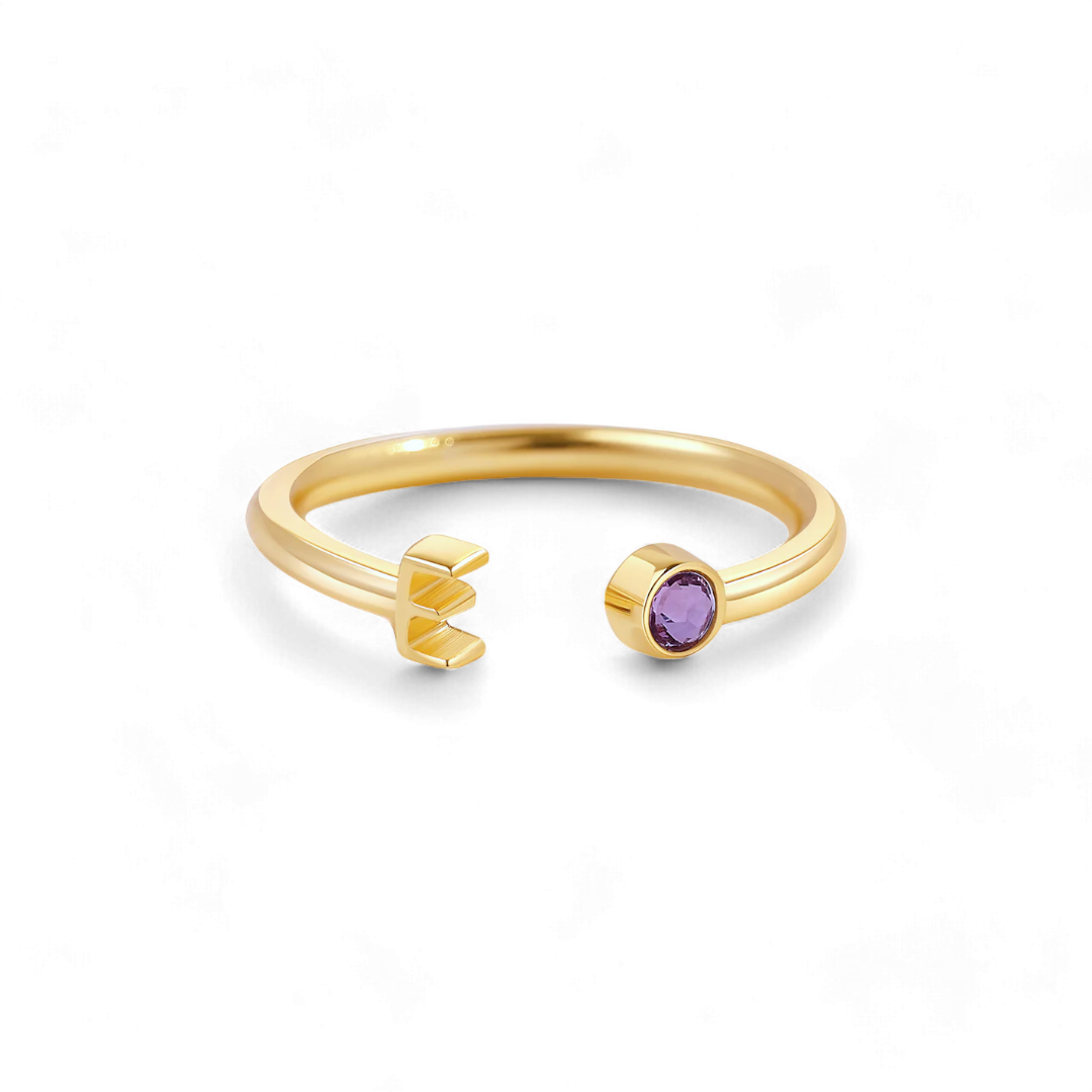 Dainty Birthstone Initial Ring
