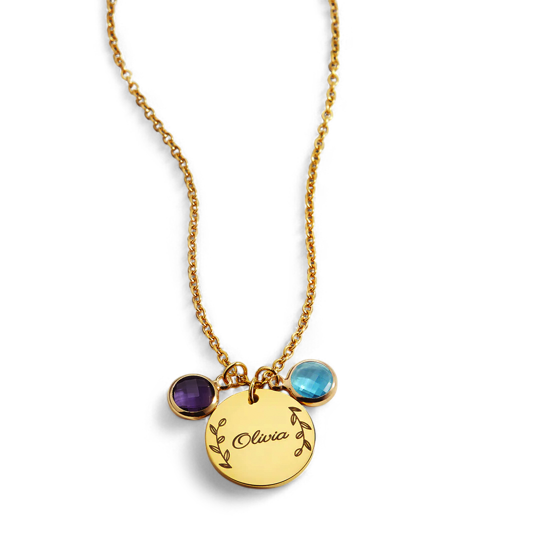 Engraved Birthstone Pendant Necklace with Leaves