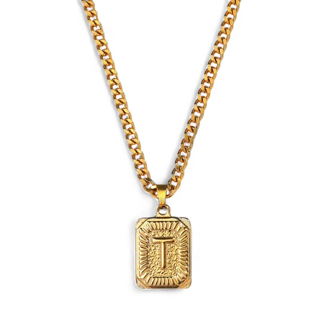 Initial Card Pendant Necklace with Curb Chain