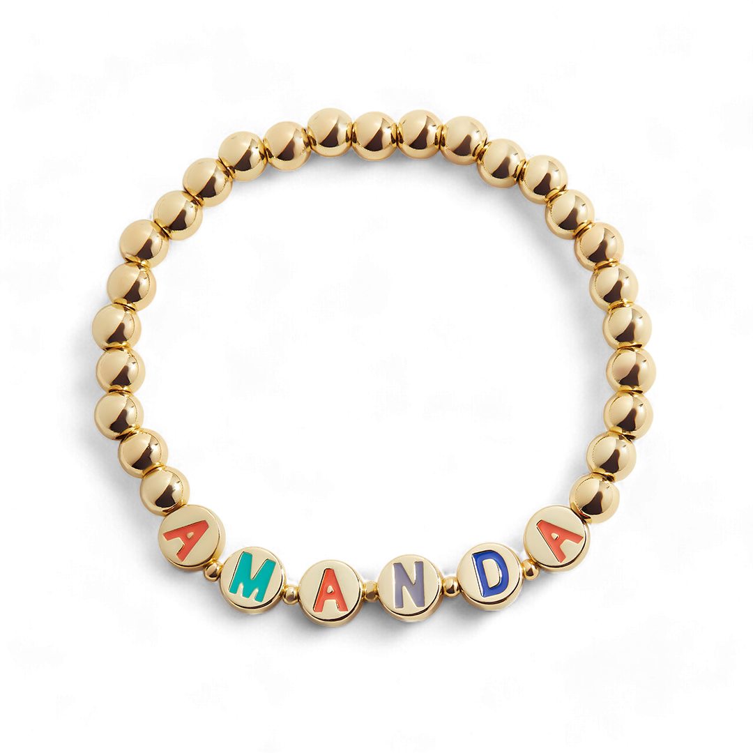 Custom Rainbow Letter Gold Disc Beaded Bracelet