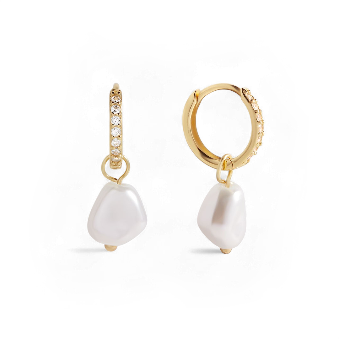 Freshwater Pearl Drop Pave Huggie Earrings