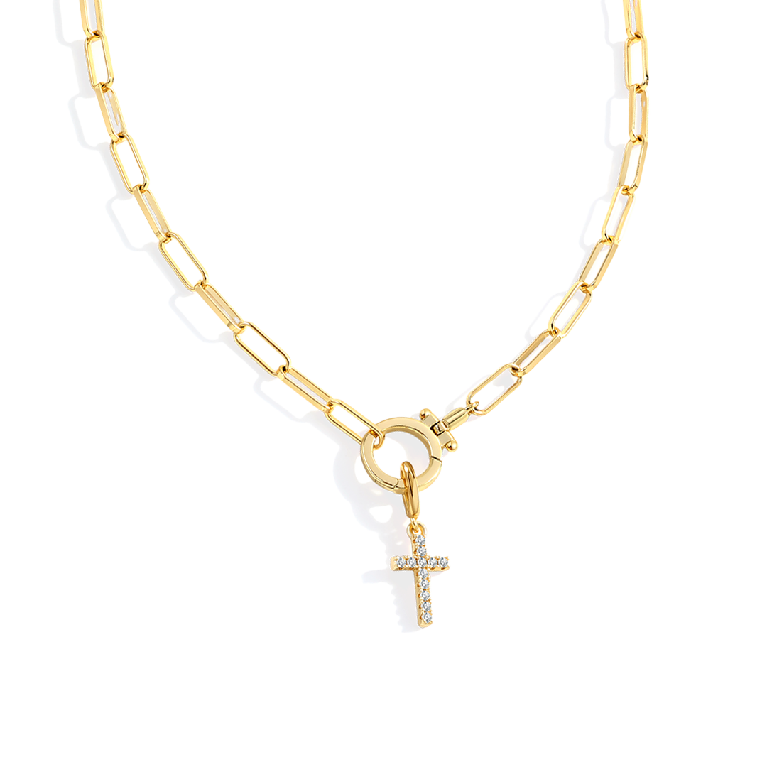 Mint Paperclip Necklace with Pave Cross Charm