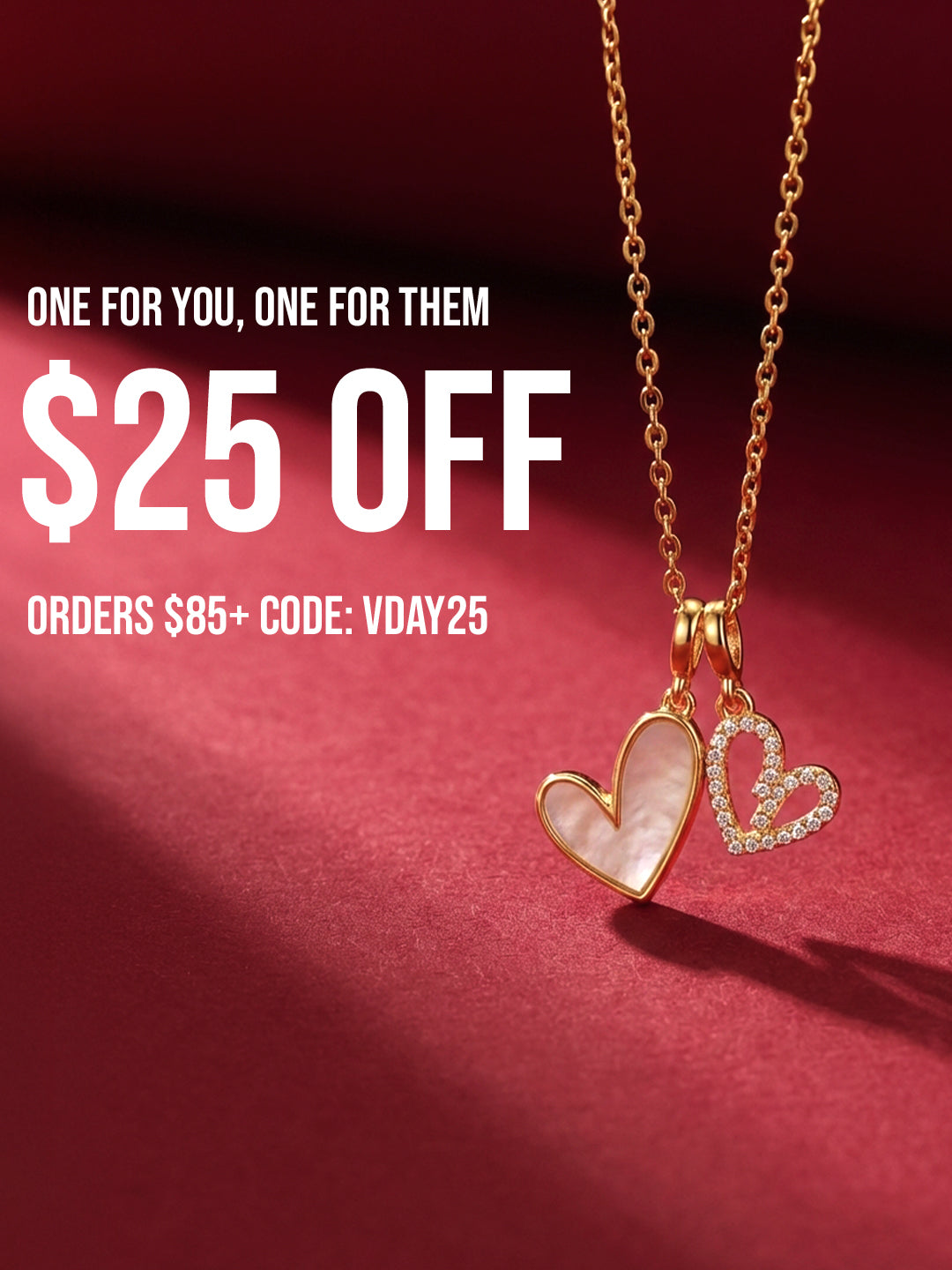 Gold necklace with heart pendants on a red background with promotional text.
