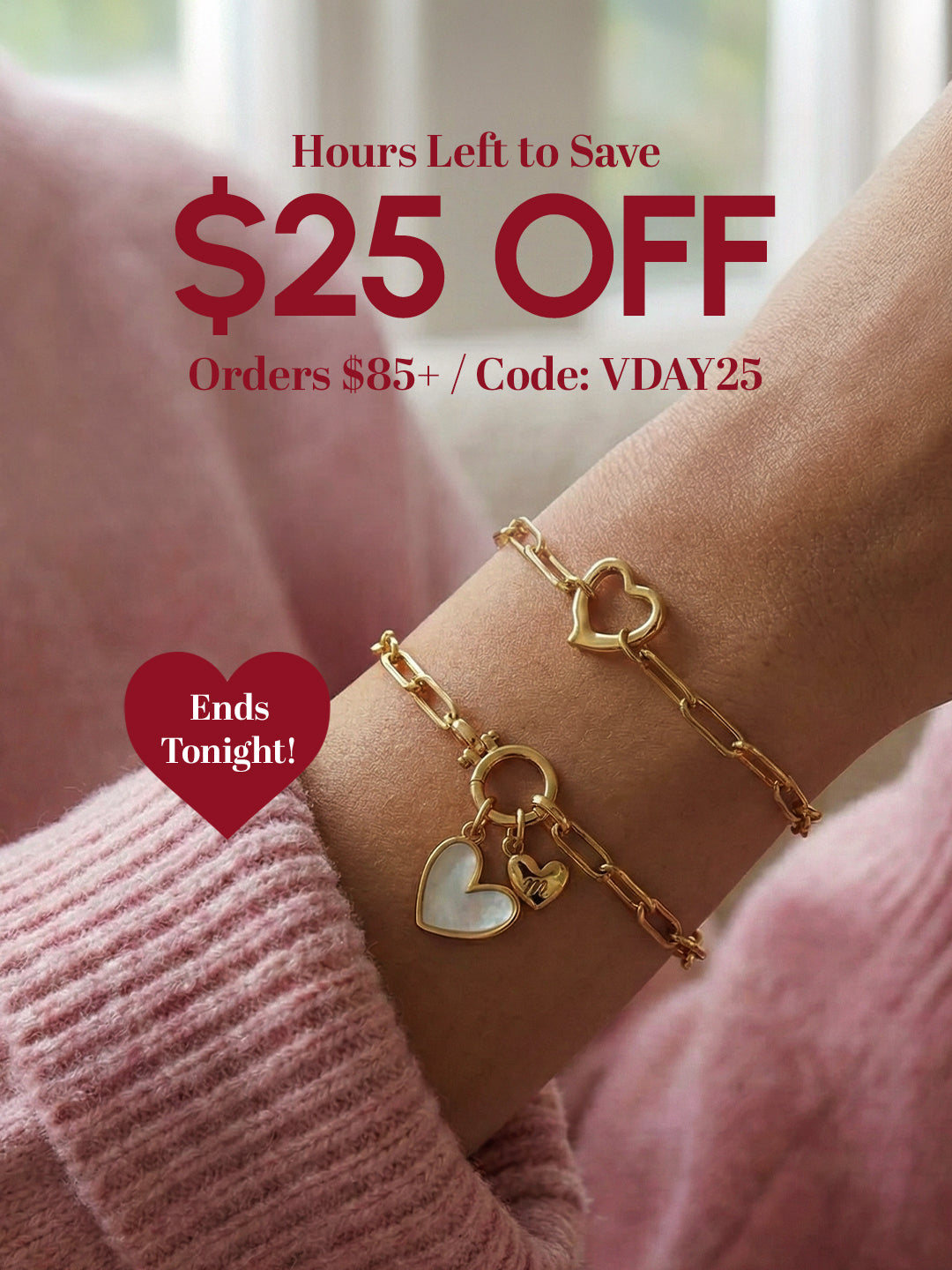 Gold heart-shaped bracelet on a wrist with promotional text overlay