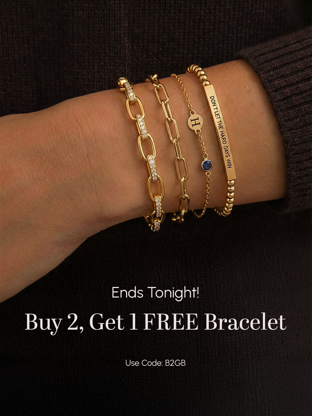 Gold bracelets on a wrist with promotional text overlay