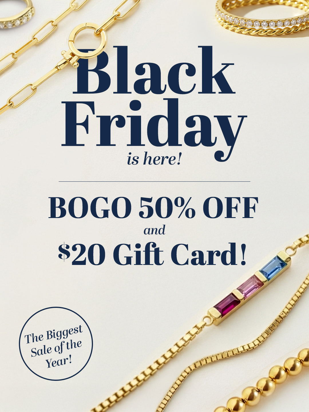 Promotional text for Black Friday sale with jewelry on a white background