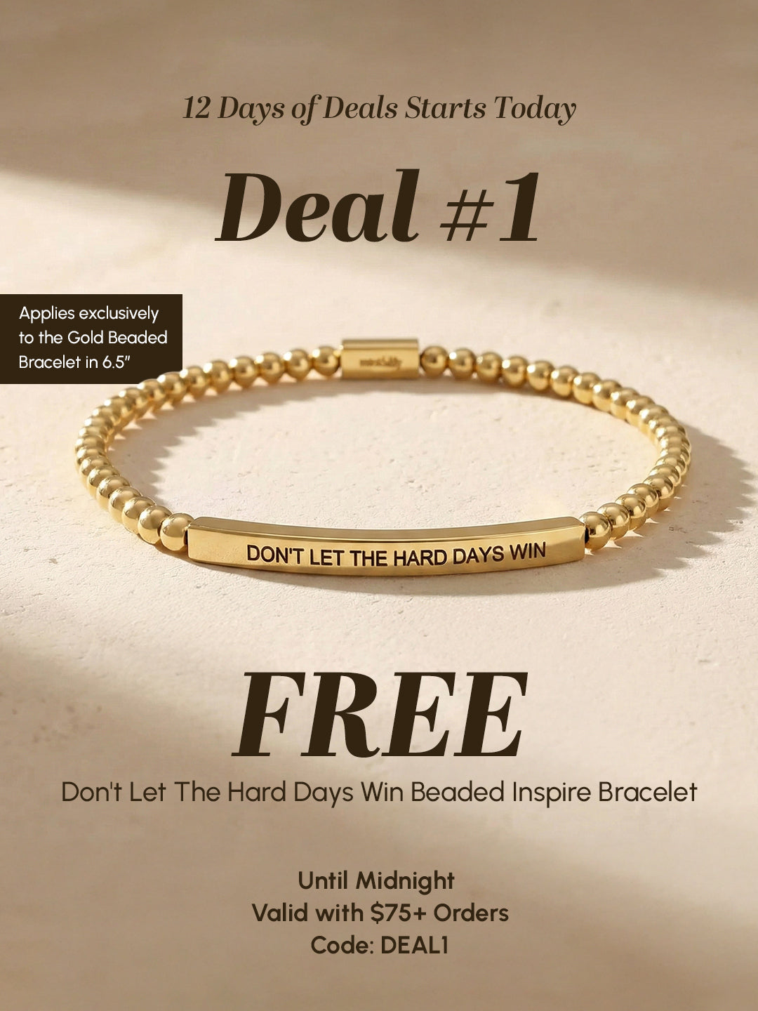 Gold beaded bracelet with motivational message on a beige background, advertising a freebie offer.