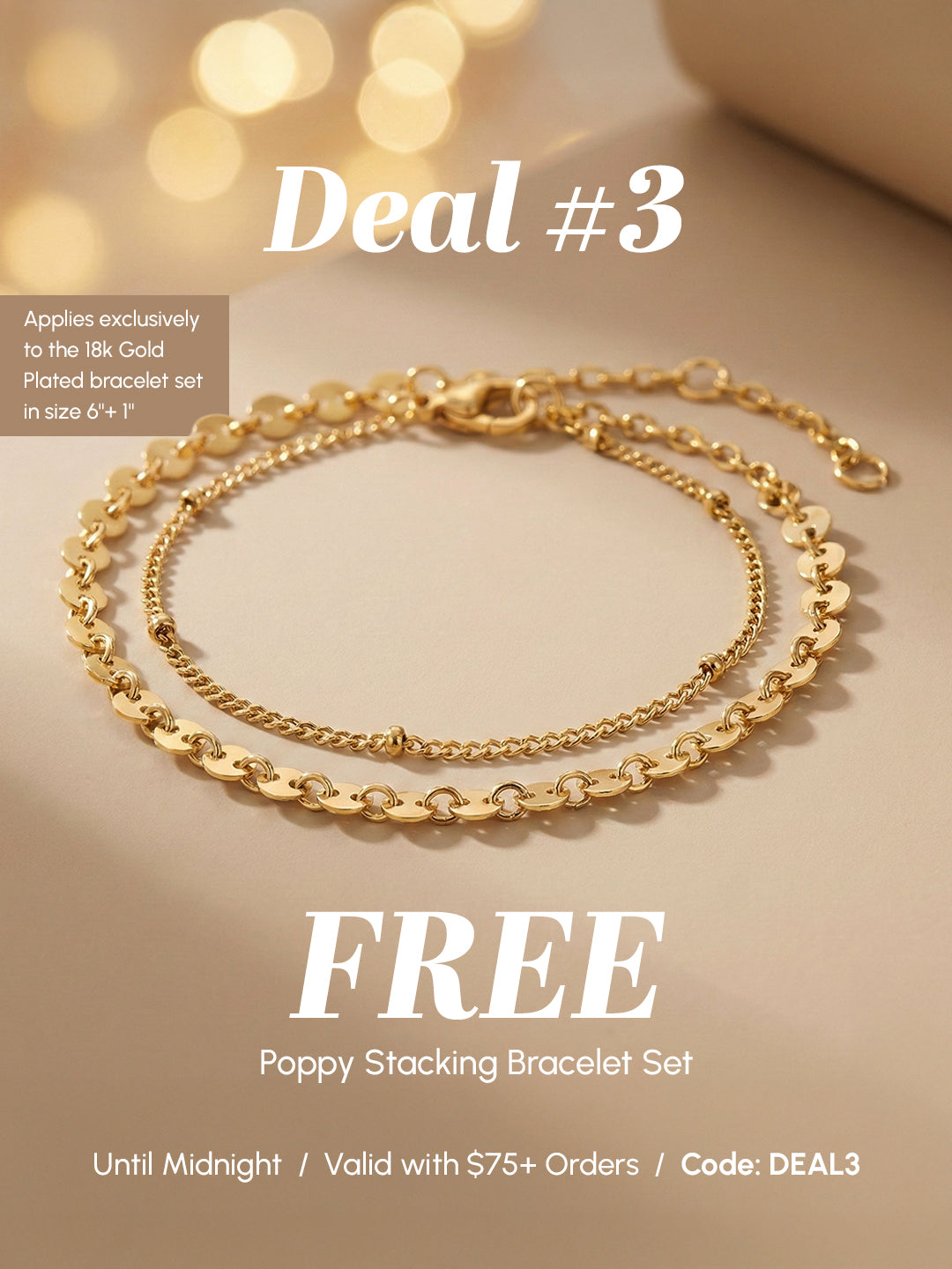 Gold bracelet set on a beige background with promotional text overlay.