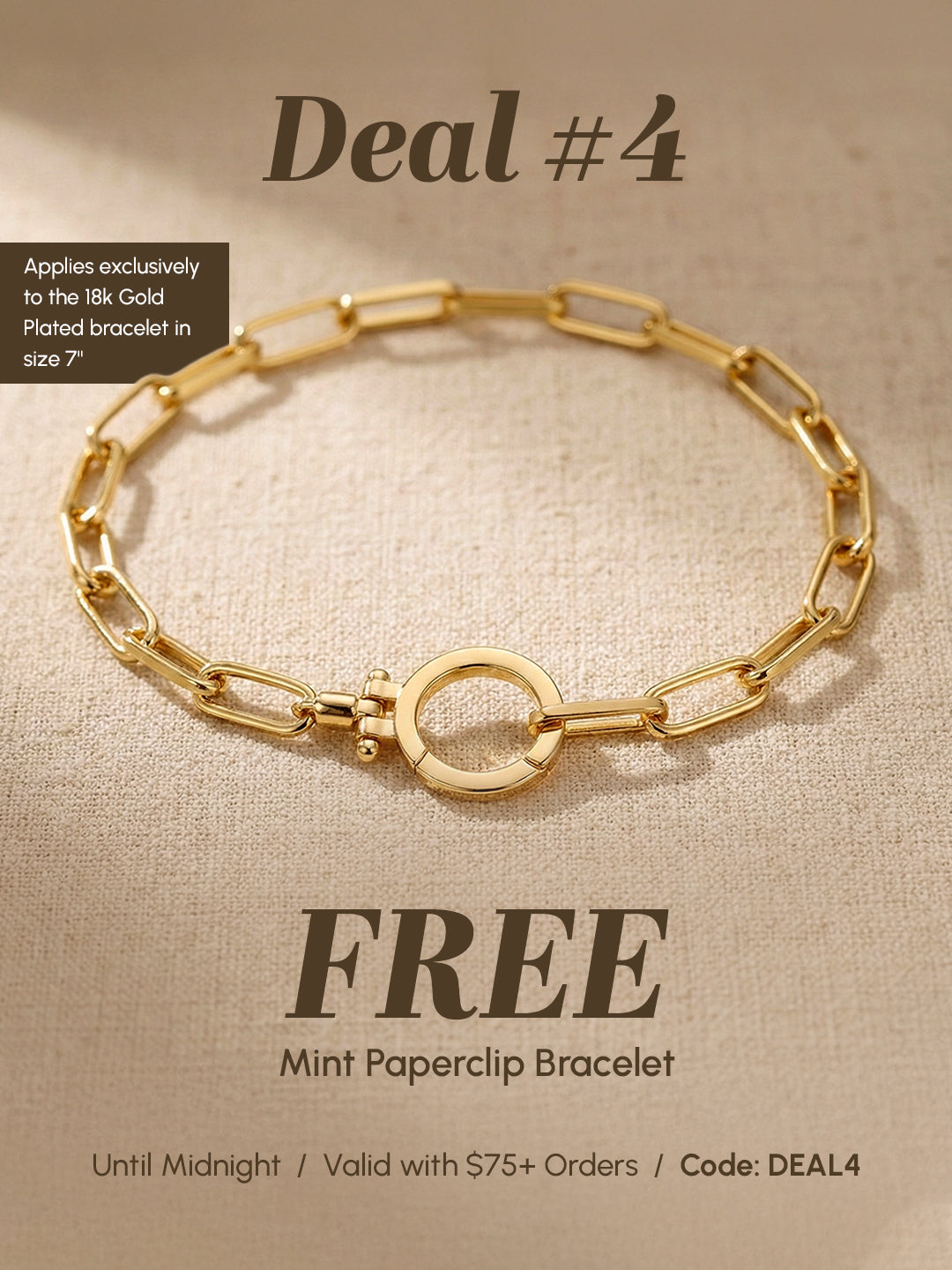 Gold bracelet on a beige background with promotional text.