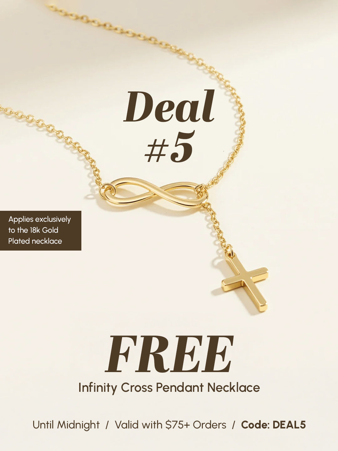 Gold necklace with infinity cross pendant on a beige background, promoting a free necklace offer.