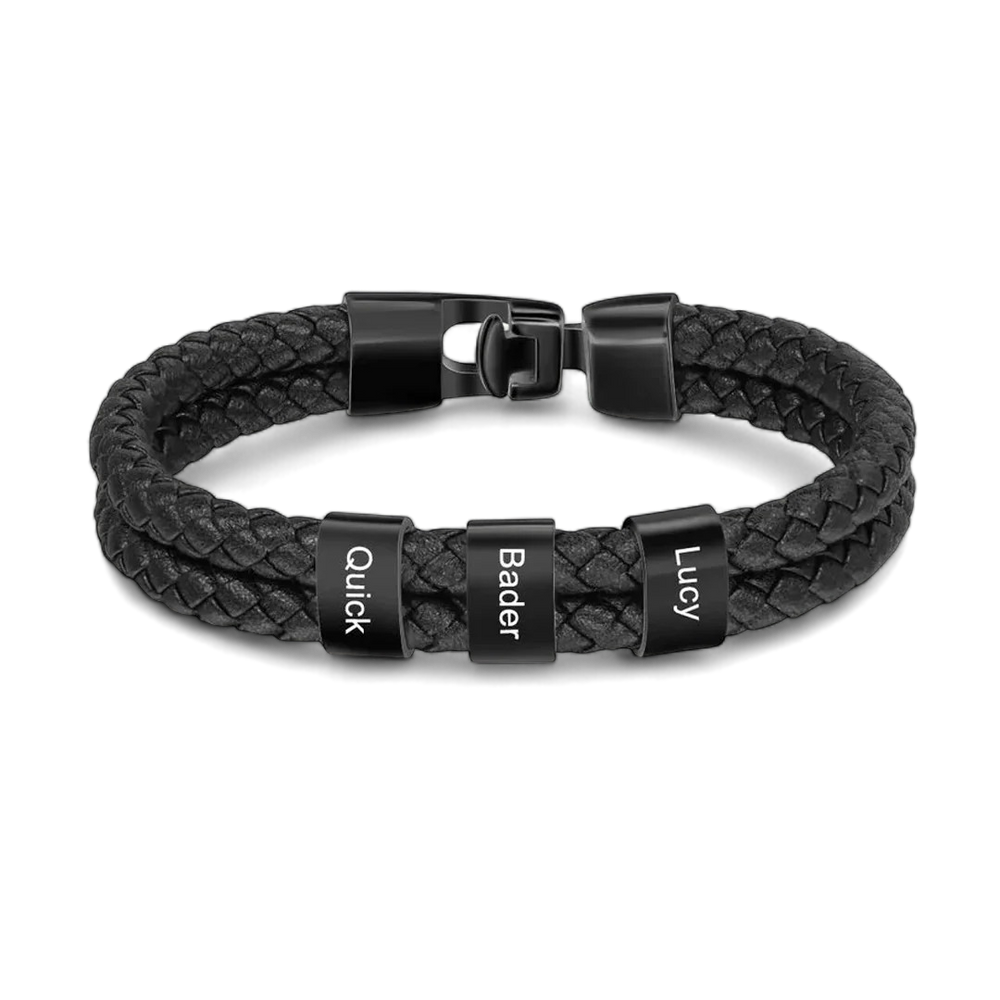 Black braided leather bracelet with name tags on a light gray background