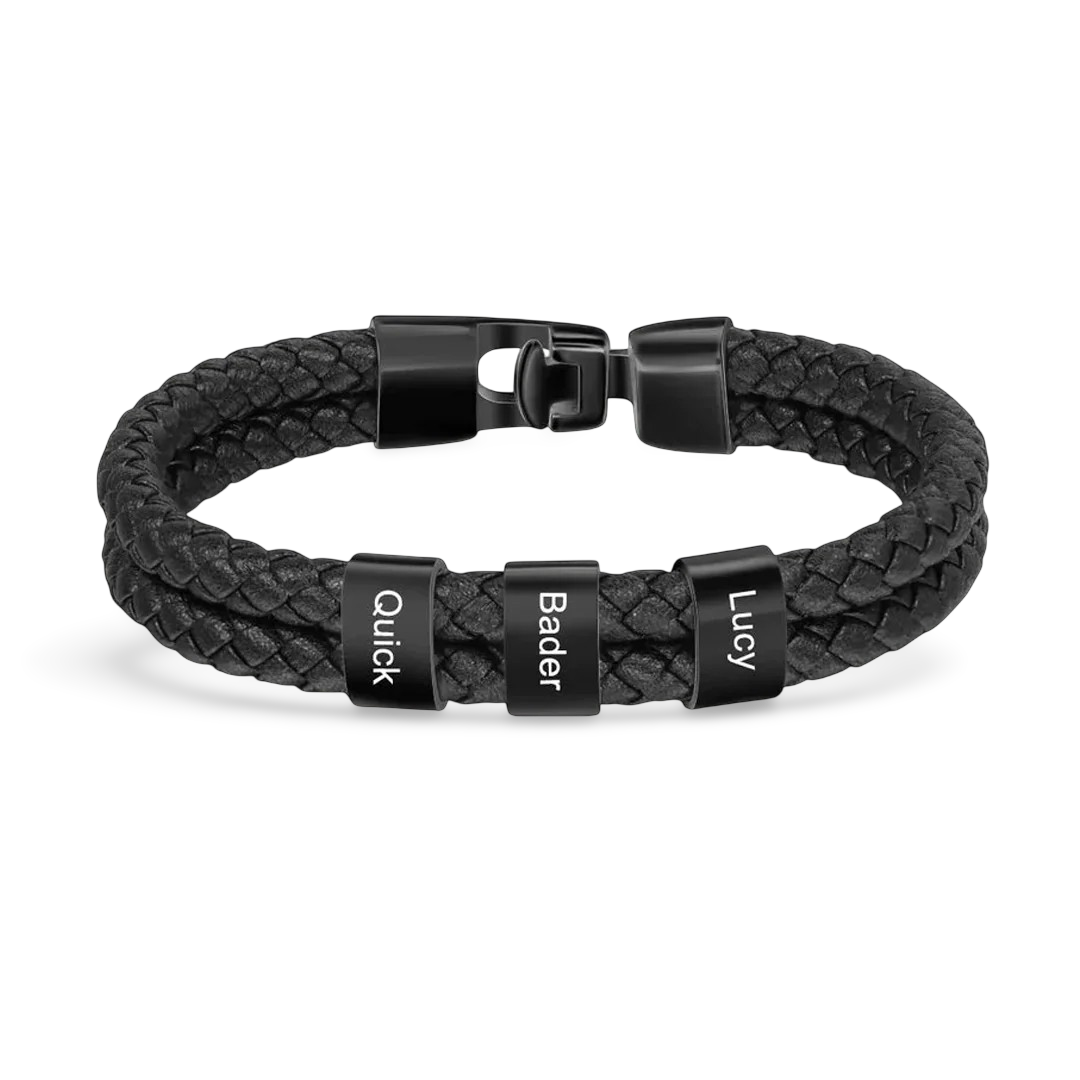 Black braided leather bracelet with name tags on a light gray background