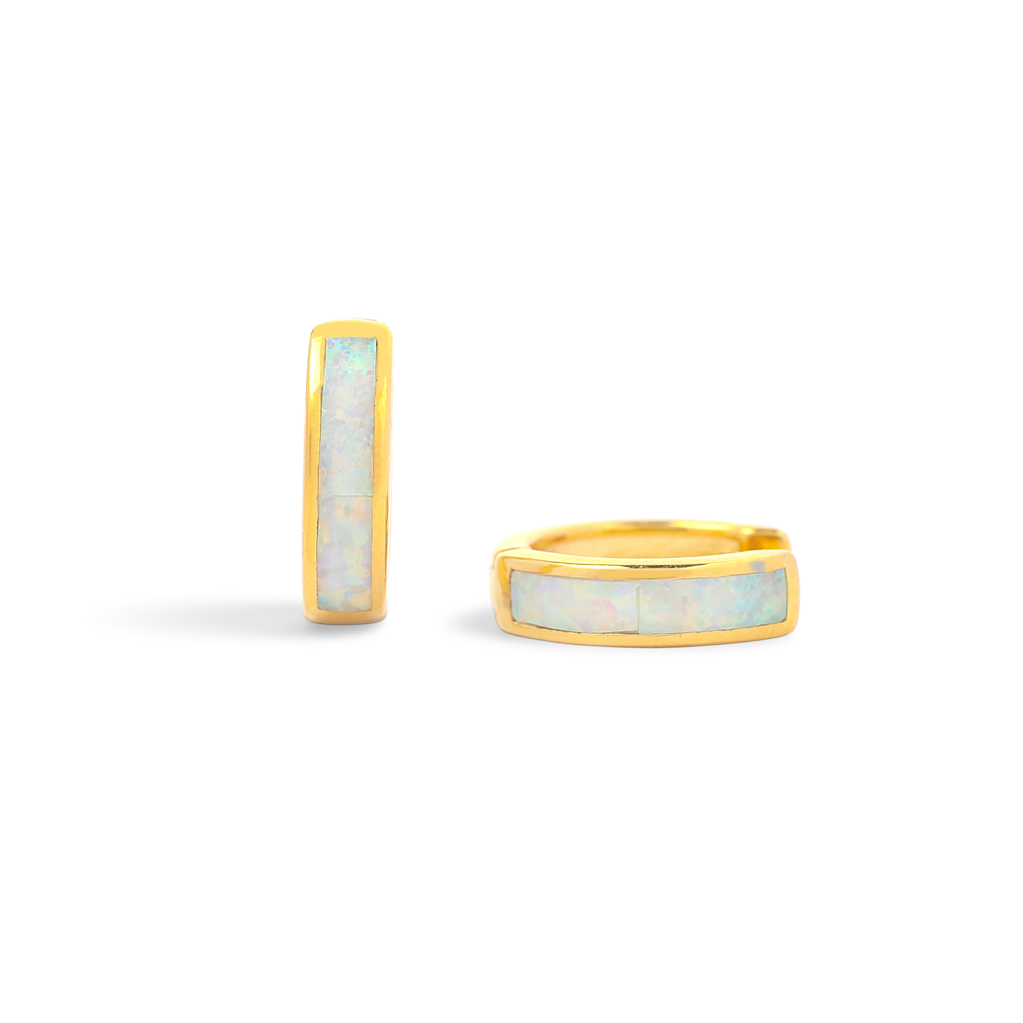 A pair of huggie hoop earrings with opal inlay, available in 18K gold over sterling silver or pure sterling silver.