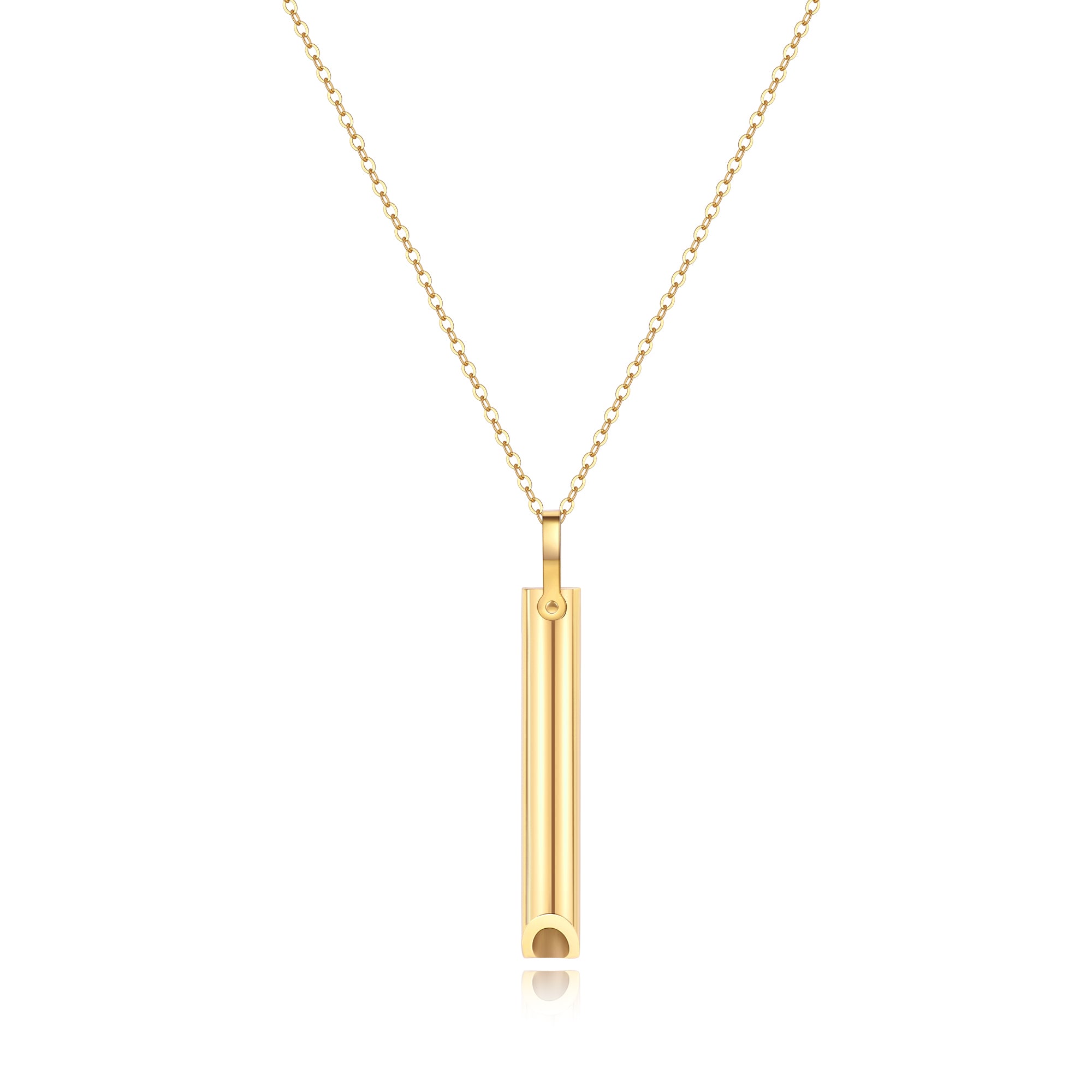 A gold-colored stainless steel necklace with a high polish finish, featuring a minimalist design with a pendant support.
