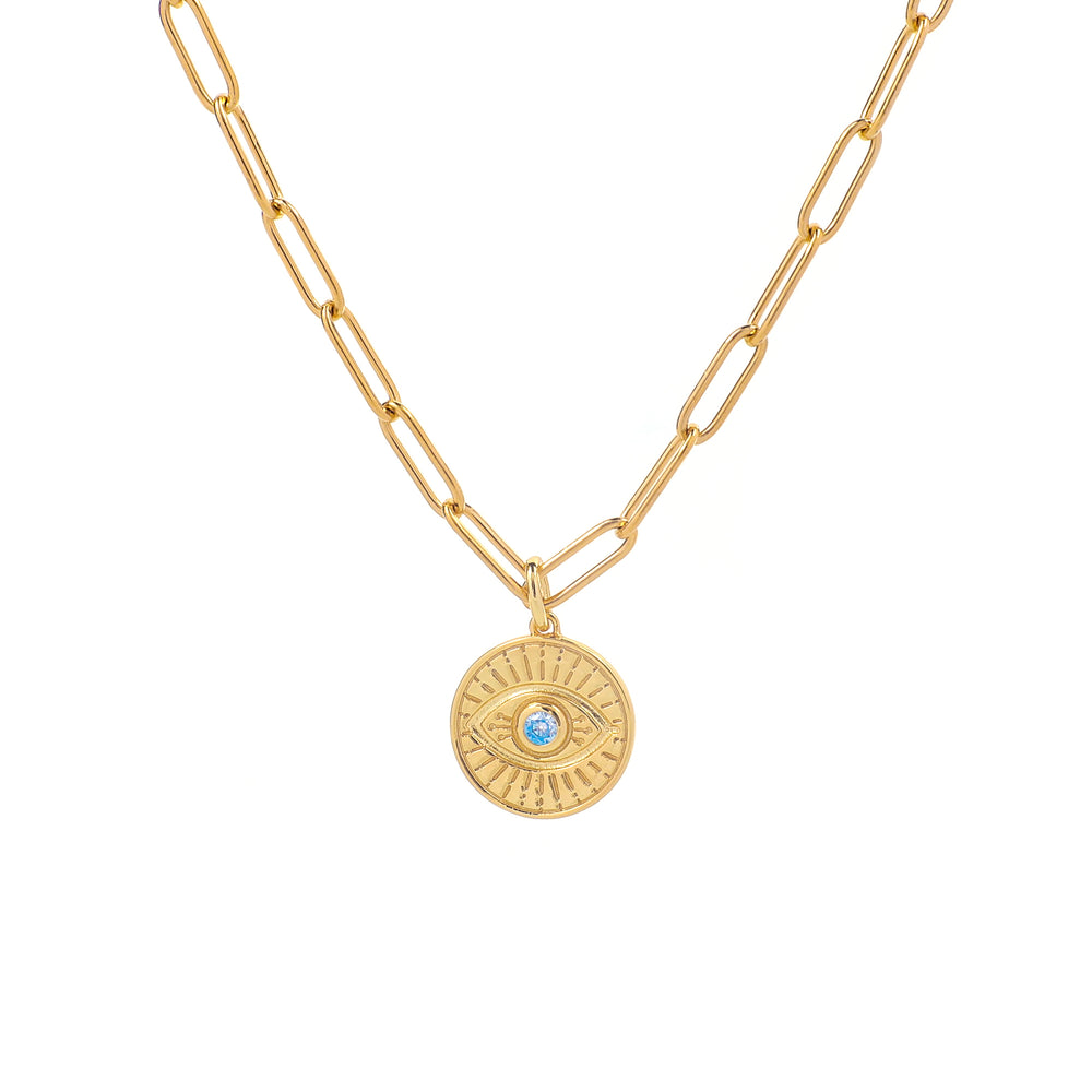 Evil Eye Coin Pendant Necklace with Paperclip Chain - 18k Gold Over Sterling Silver