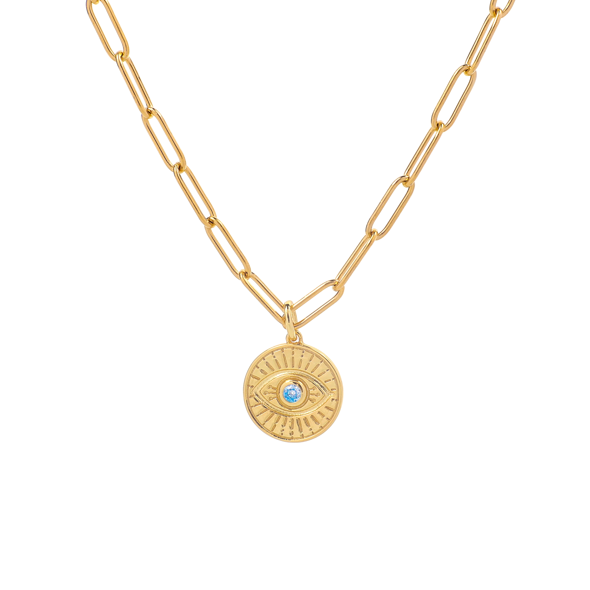 Evil Eye Coin Pendant Necklace with Paperclip Chain