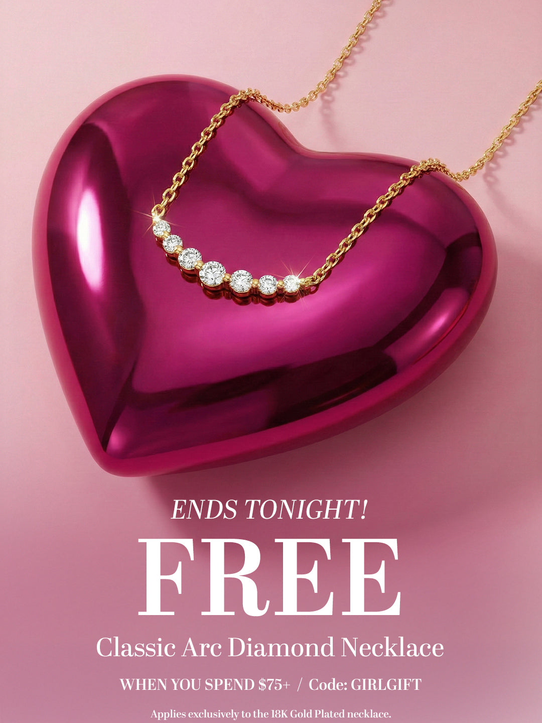 Gold necklace on a pink heart-shaped object with promotional text on a pink background
