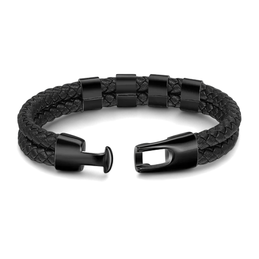 Black braided leather bracelet with black metal clasp on a light gray background