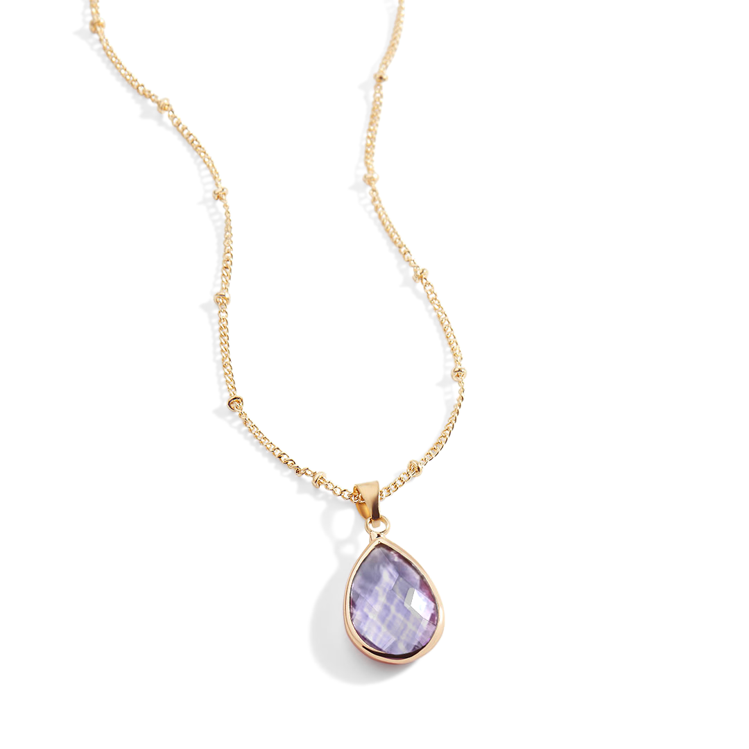 Necklace with a teardrop-shaped purple gemstone pendant on a white background