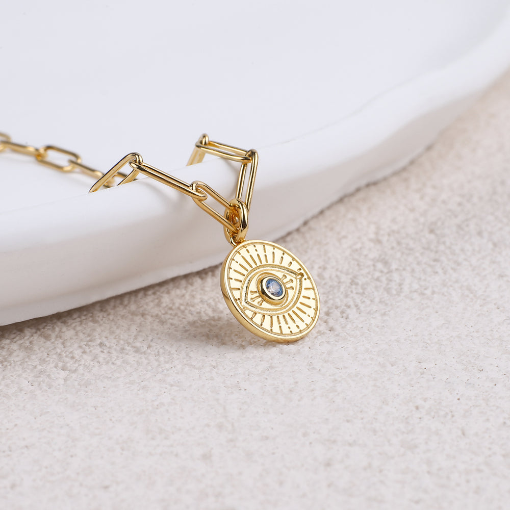 Evil Eye Coin Pendant Necklace with Paperclip Chain - 18k Gold Over Sterling Silver