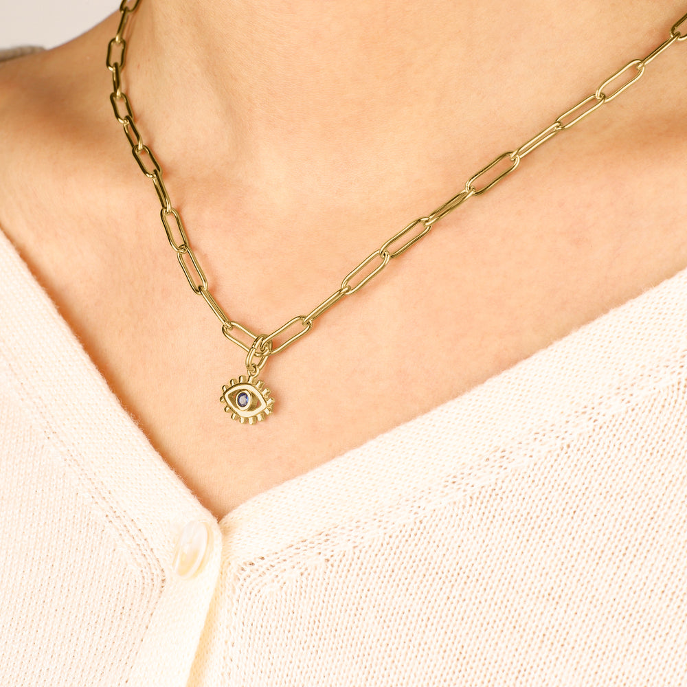 Evil Eye Charm Pendant Necklace with Paperclip Chain - 18k Gold Over Sterling Silver