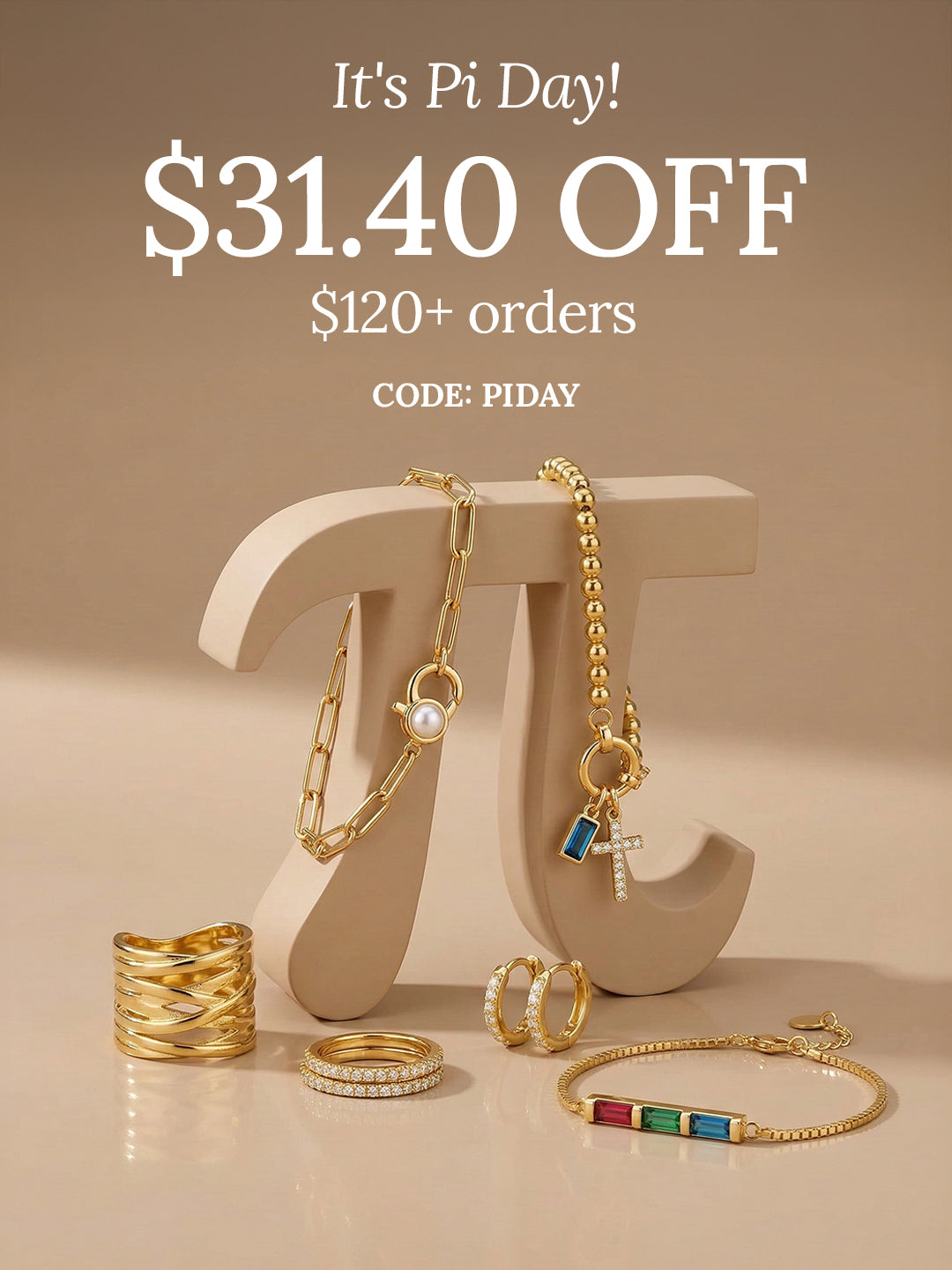 Jewelry set with a Pi-shaped stand on a beige background, promoting a Pi Day discount.