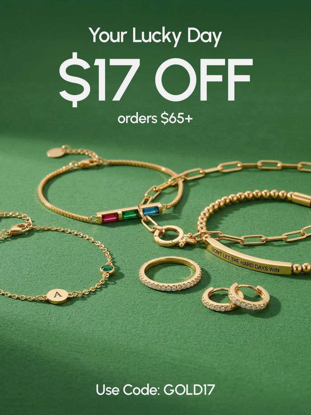 Gold jewelry set on a green background with promotional text.