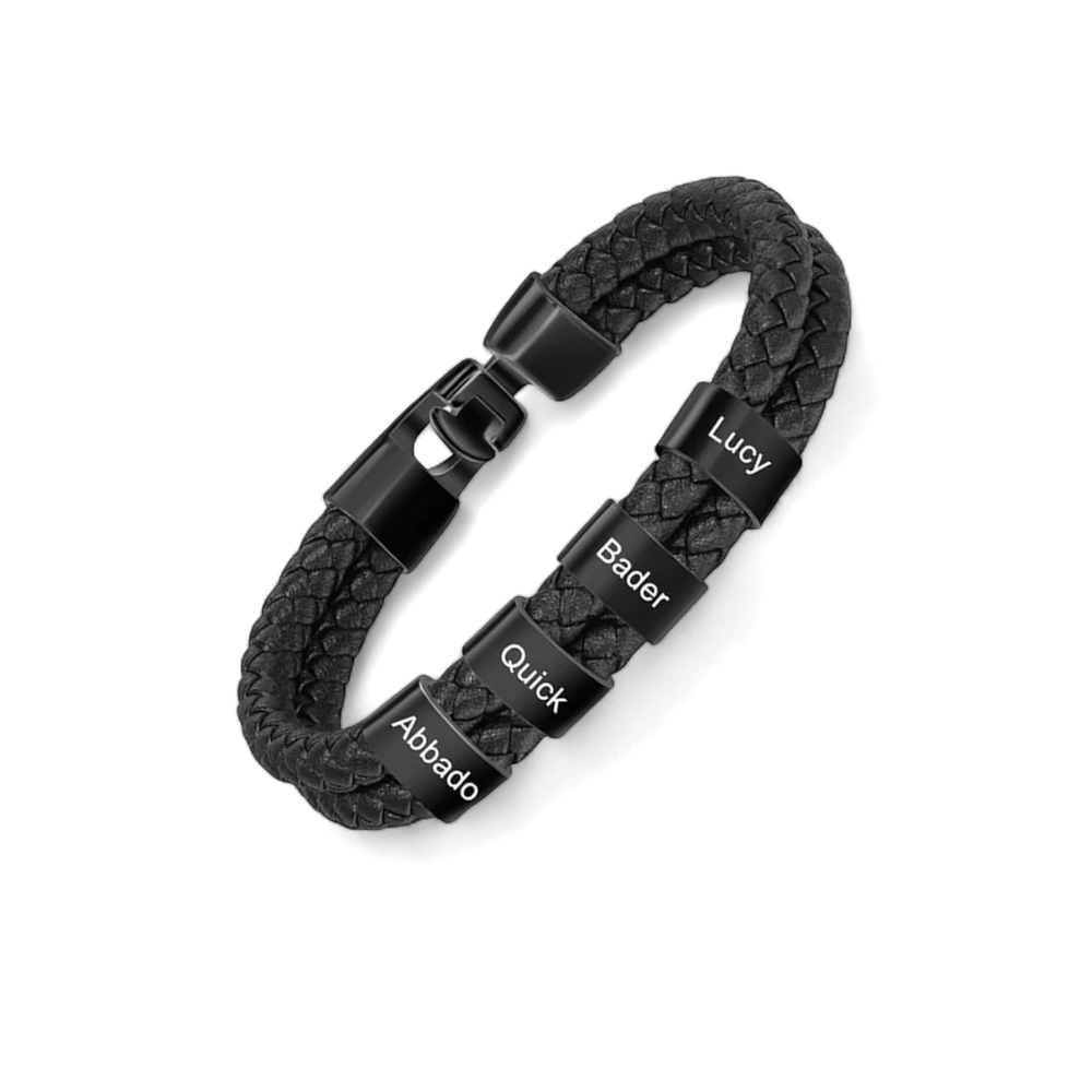 Black braided bracelet with engraved names on a white background