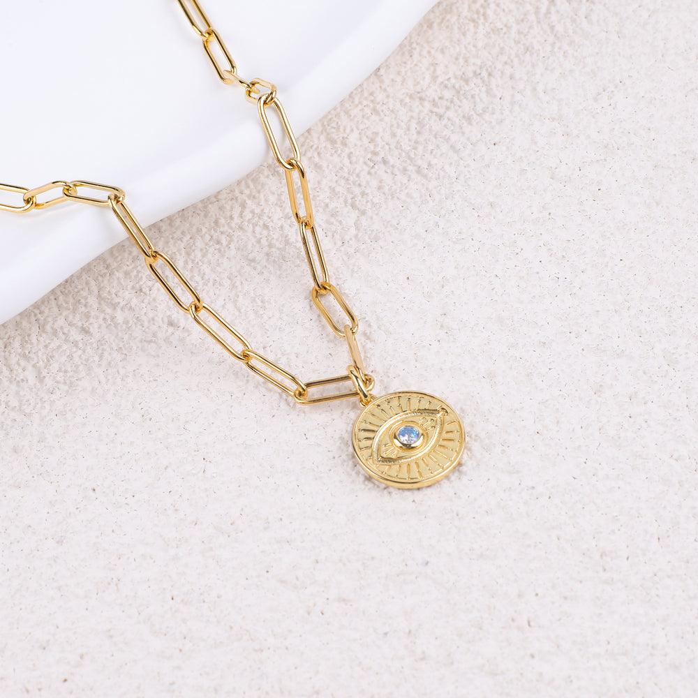 Evil Eye Coin Pendant Necklace with Paperclip Chain - 18k Gold Over Sterling Silver