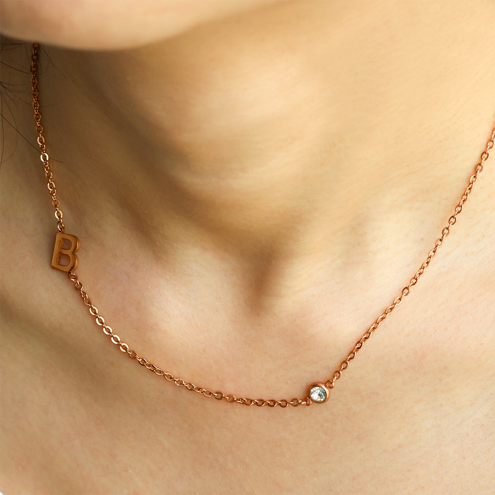 Initial Necklace with Diamond Accent - 18k Rose Gold Plated / R