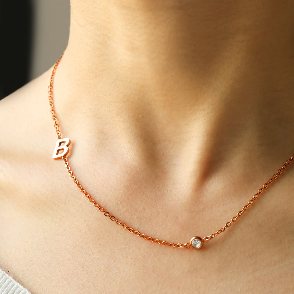 Initial Necklace with Diamond Accent - 18k Rose Gold Plated / R