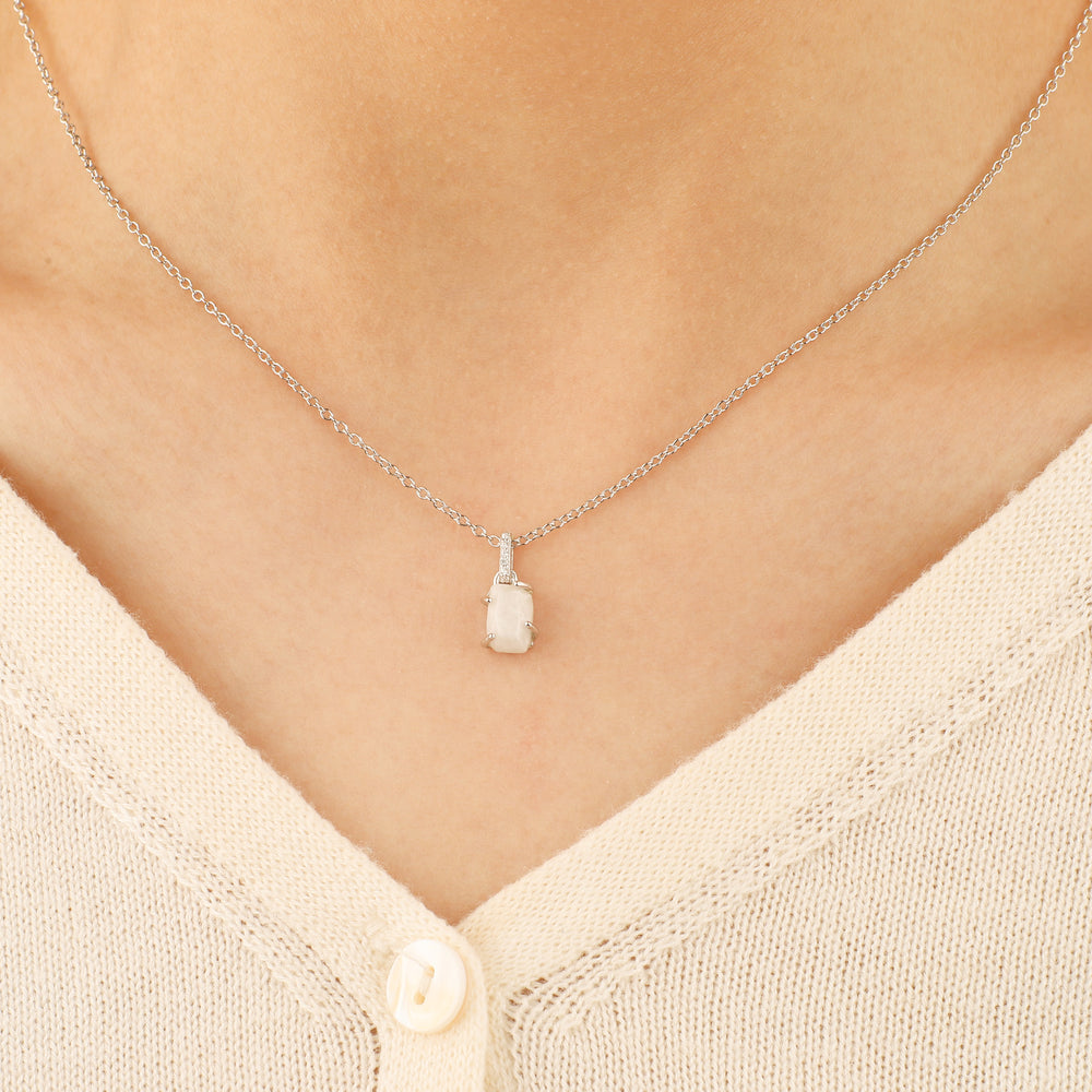 Raw Moonstone Pave Link Pendant Necklace - 925 Sterling Silver