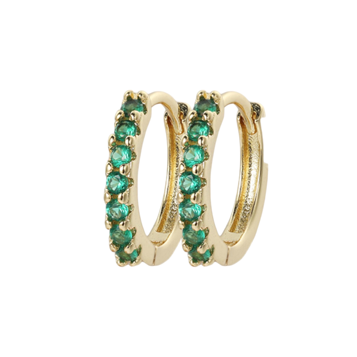 A pair of gold huggie hoop earrings adorned with multicolored gemstones, designed for lobe and cartilage piercings.