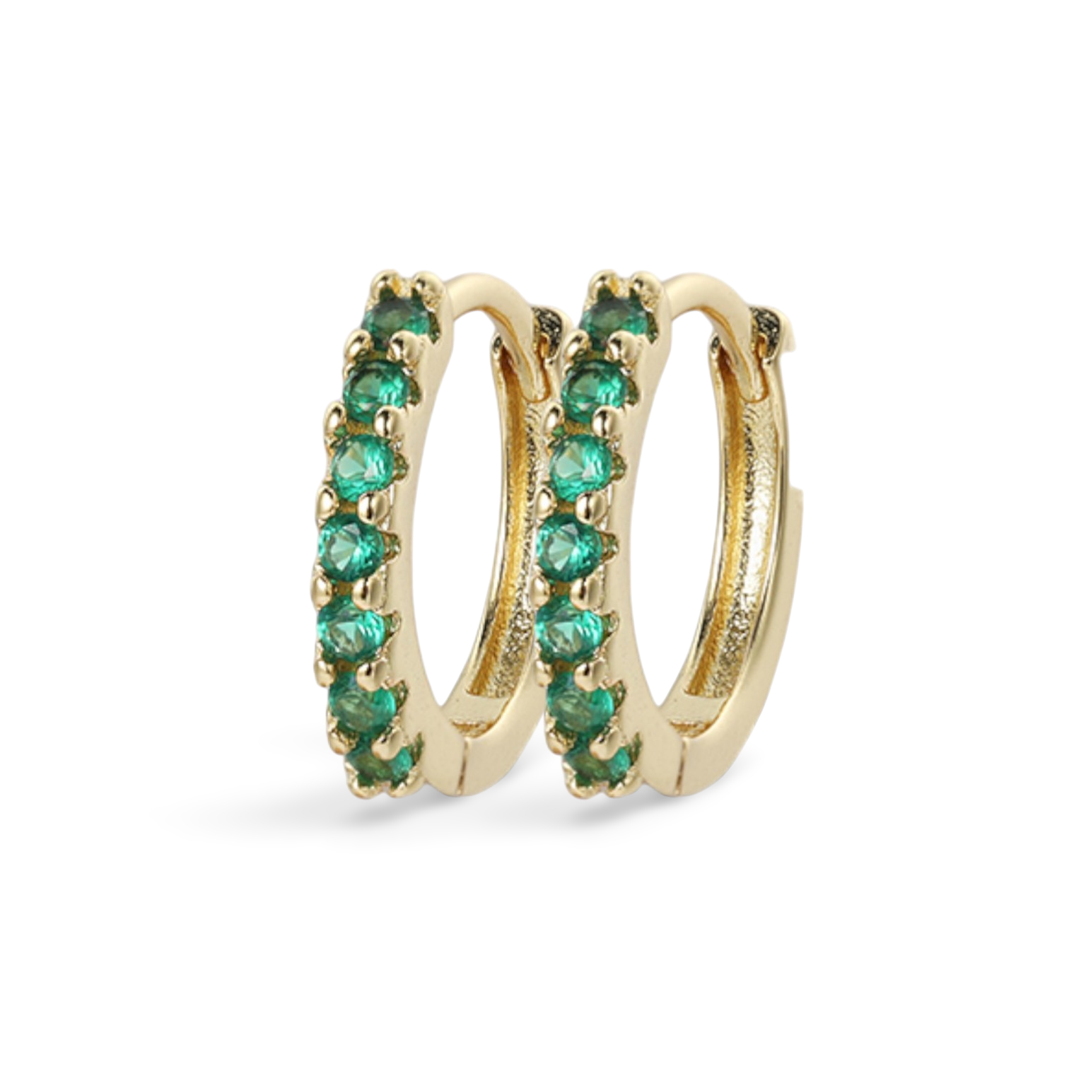 A pair of gold huggie hoop earrings adorned with multicolored gemstones, designed for lobe and cartilage piercings.