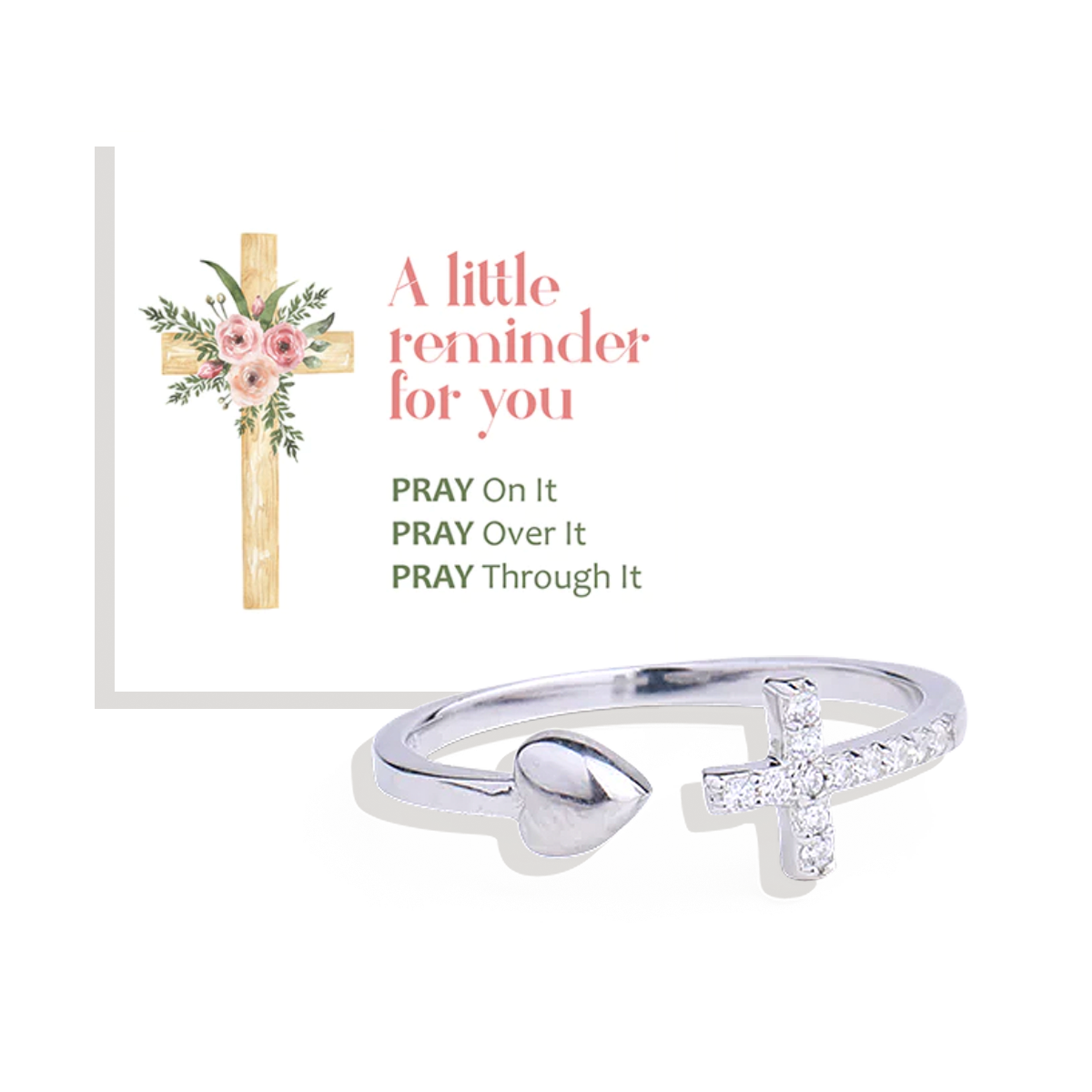 Adjustable Pray Through It Cross & Heart Ring