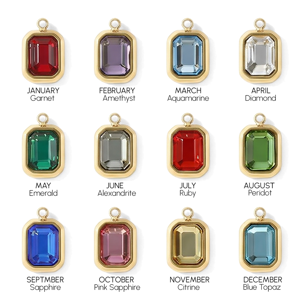 Jewelry pendants with gemstones for each month, labeled from January to December.