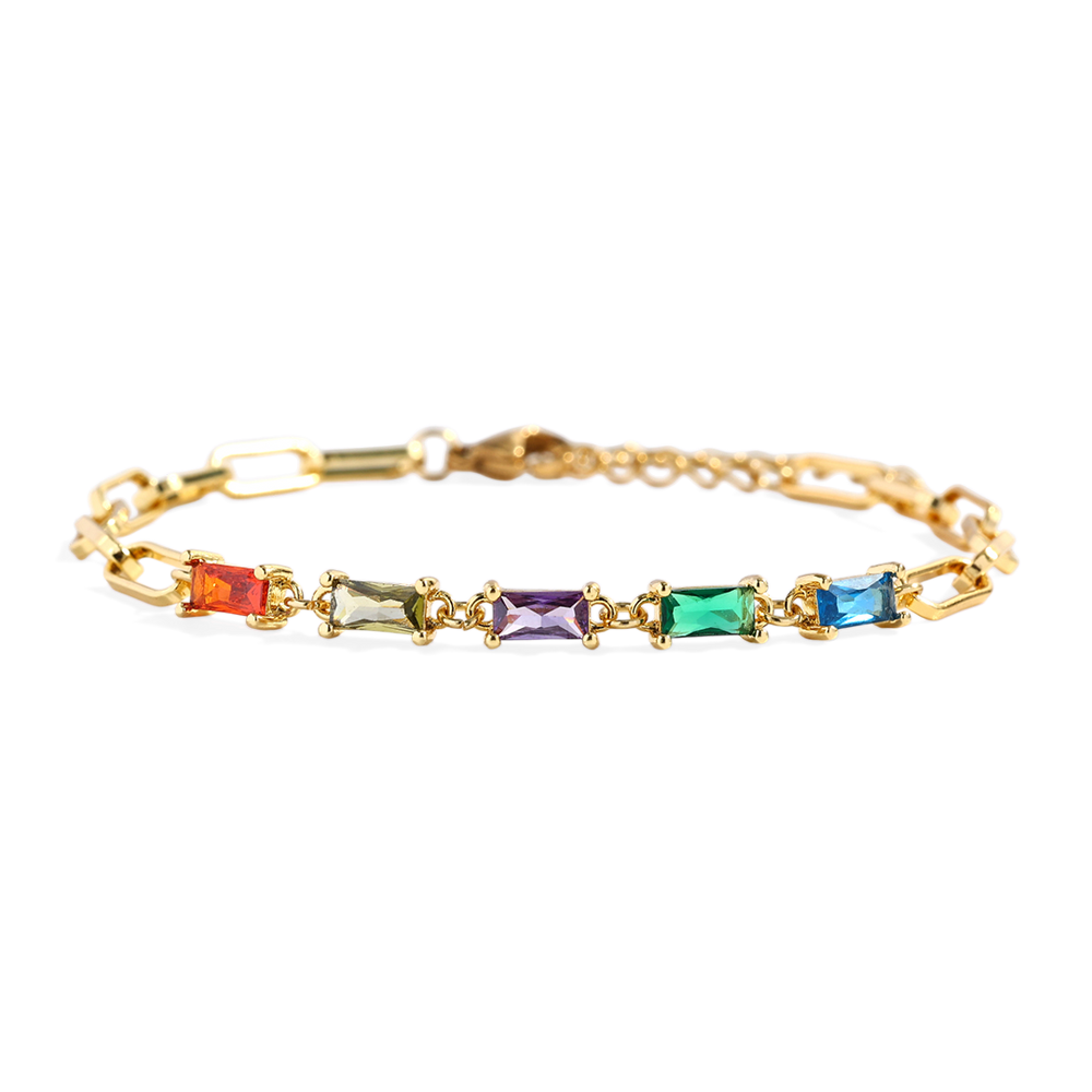 Gold bracelet with colorful gemstones on a white background