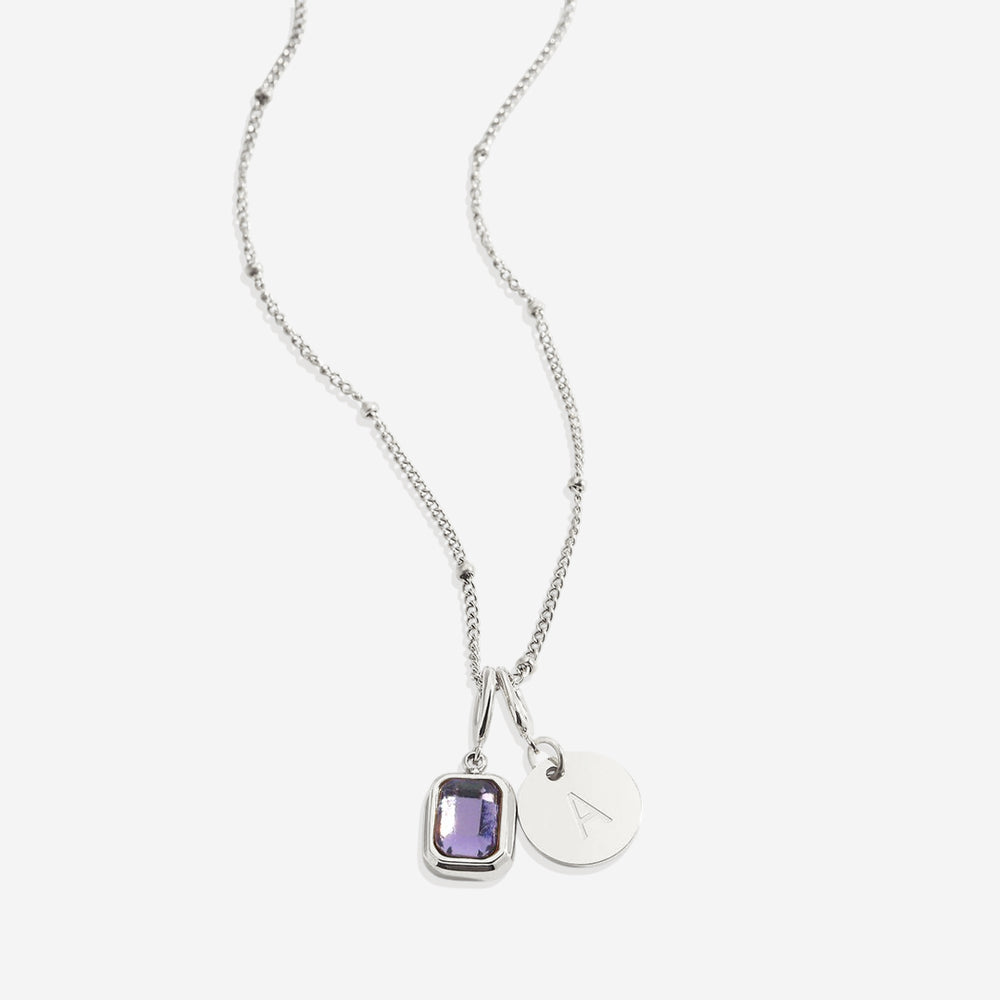 Baguette Birthstone & Initial Necklace - Silver / February Amethyst