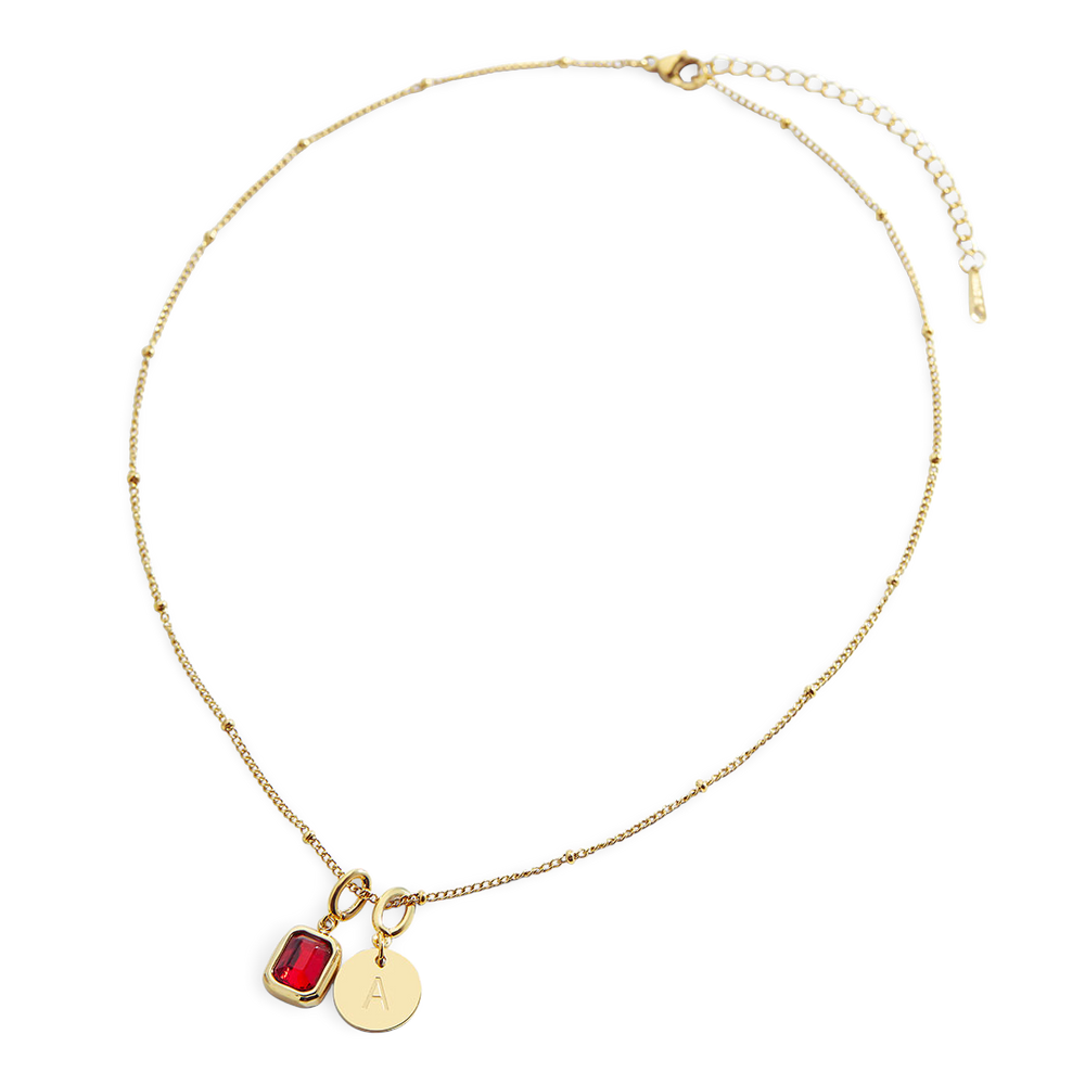 Baguette Birthstone & Initial Necklace - 18k Gold Plated / January Garnet