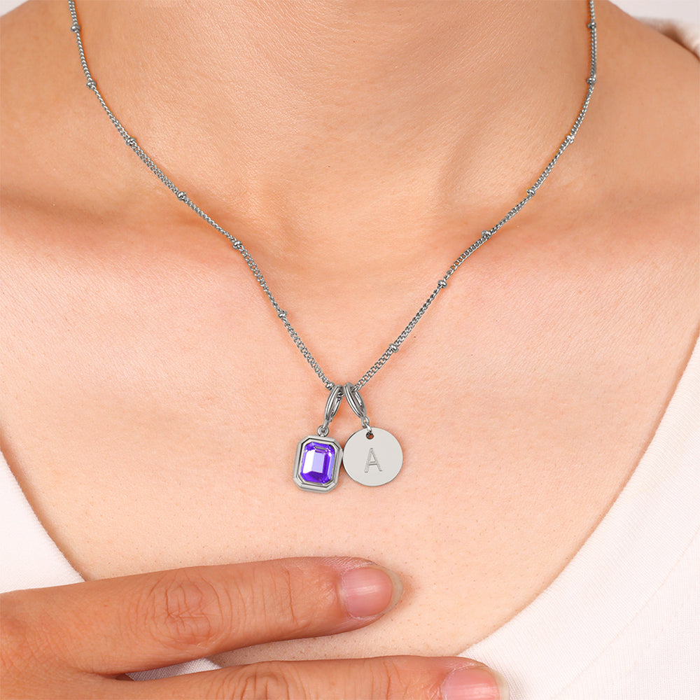 Baguette Birthstone & Initial Necklace - Silver / February Amethyst