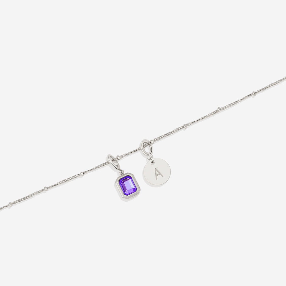 Baguette Birthstone & Initial Necklace - Silver / February Amethyst