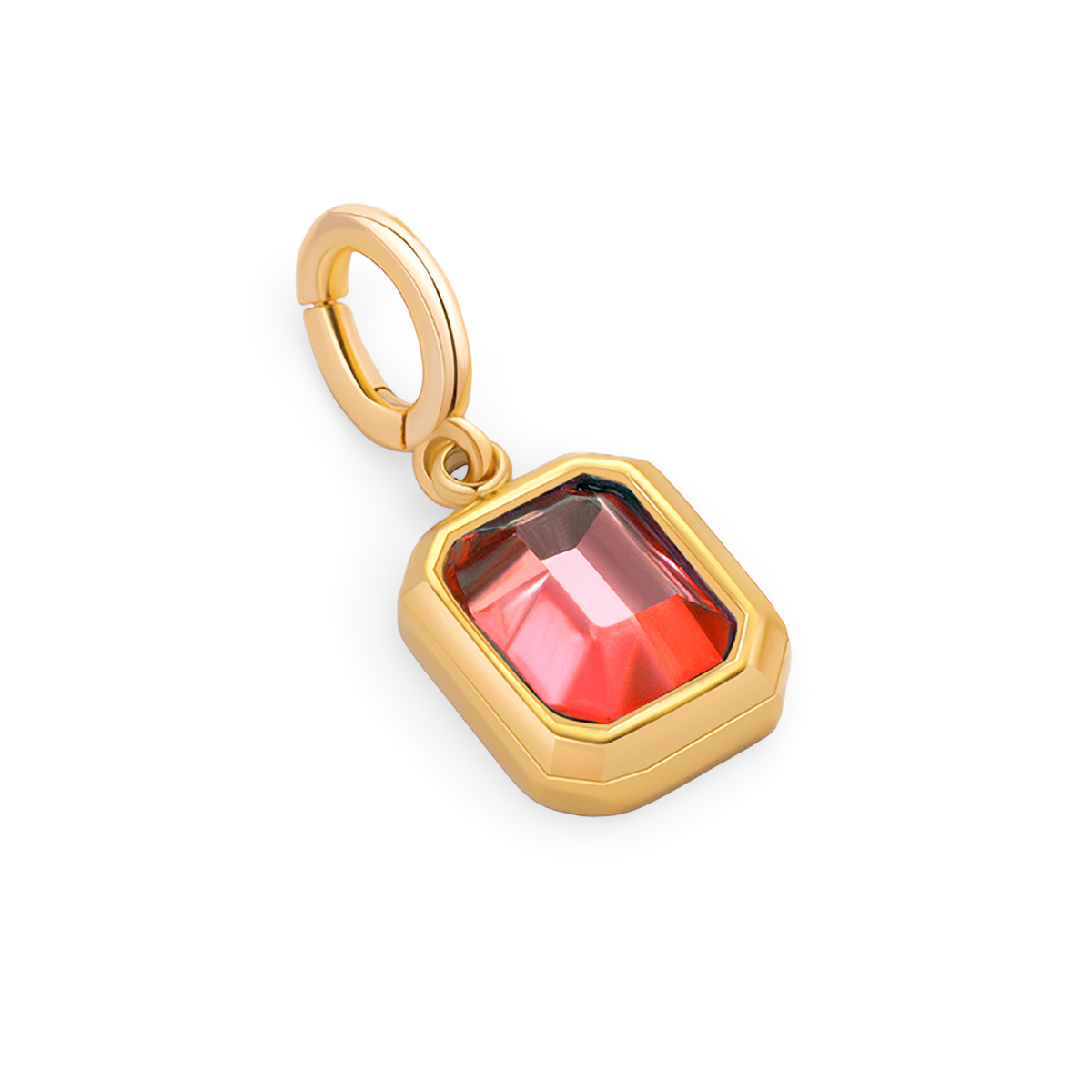 A collection of gold-colored birthstone charms with different colored gemstones, arranged in a row.