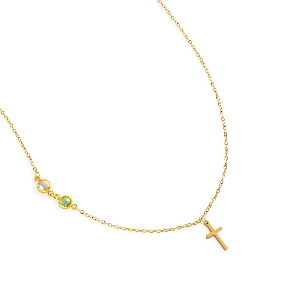 Birthstone Cross Necklace - 18k Gold Plated / 3 / 16" + 2"
