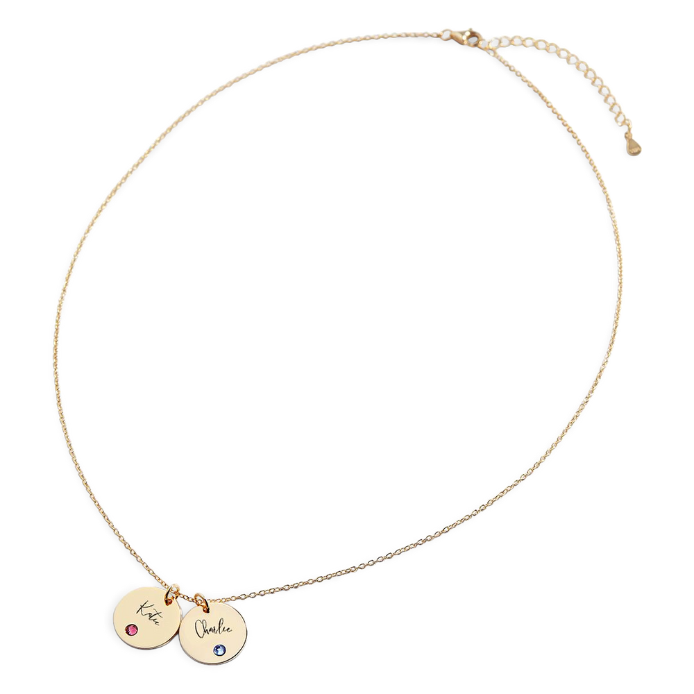 A gold disc name necklace with a birthstone, cable chain, and lobster clasp.