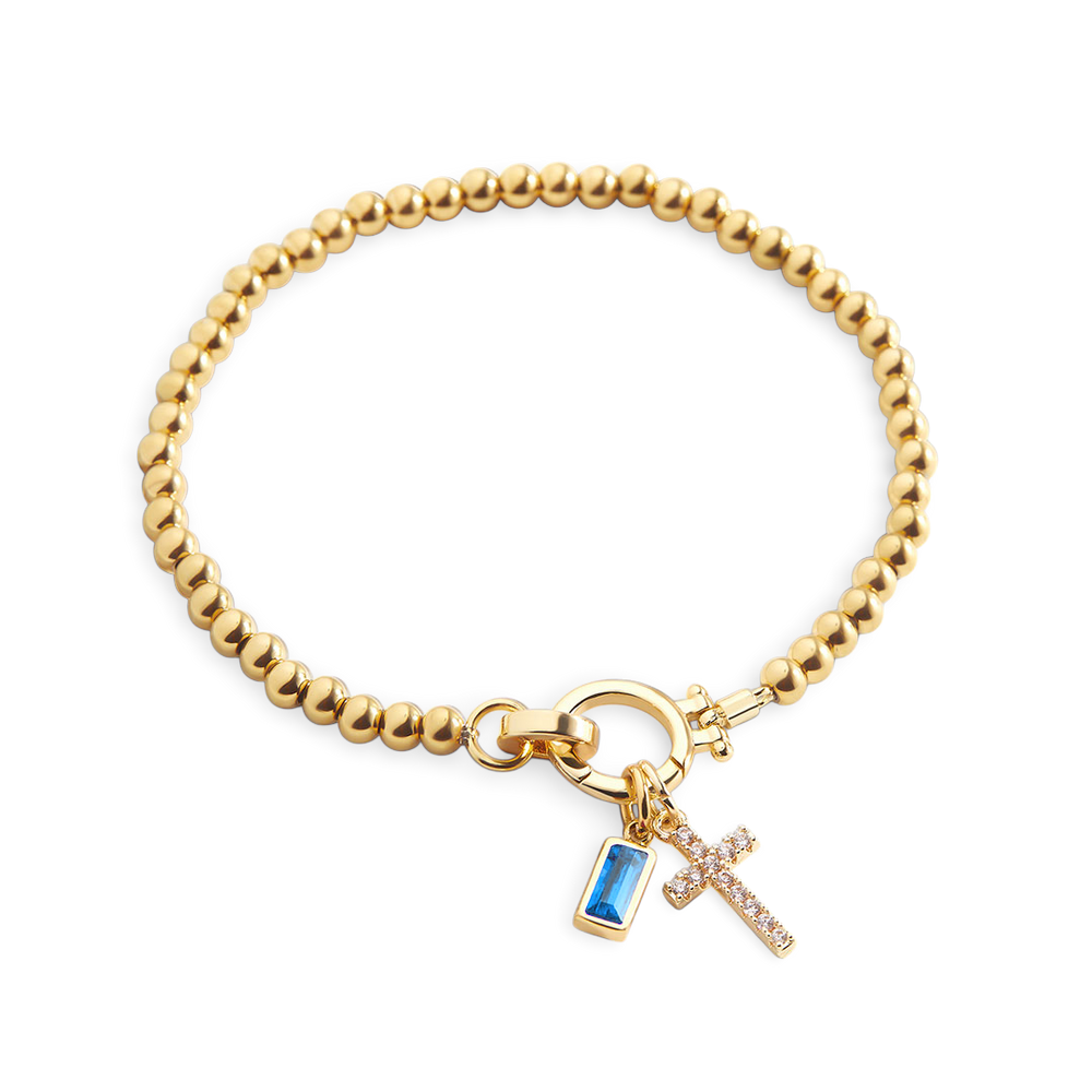 Cross Charm Birthstone Bracelet - December Blue Topaz / 7.5"