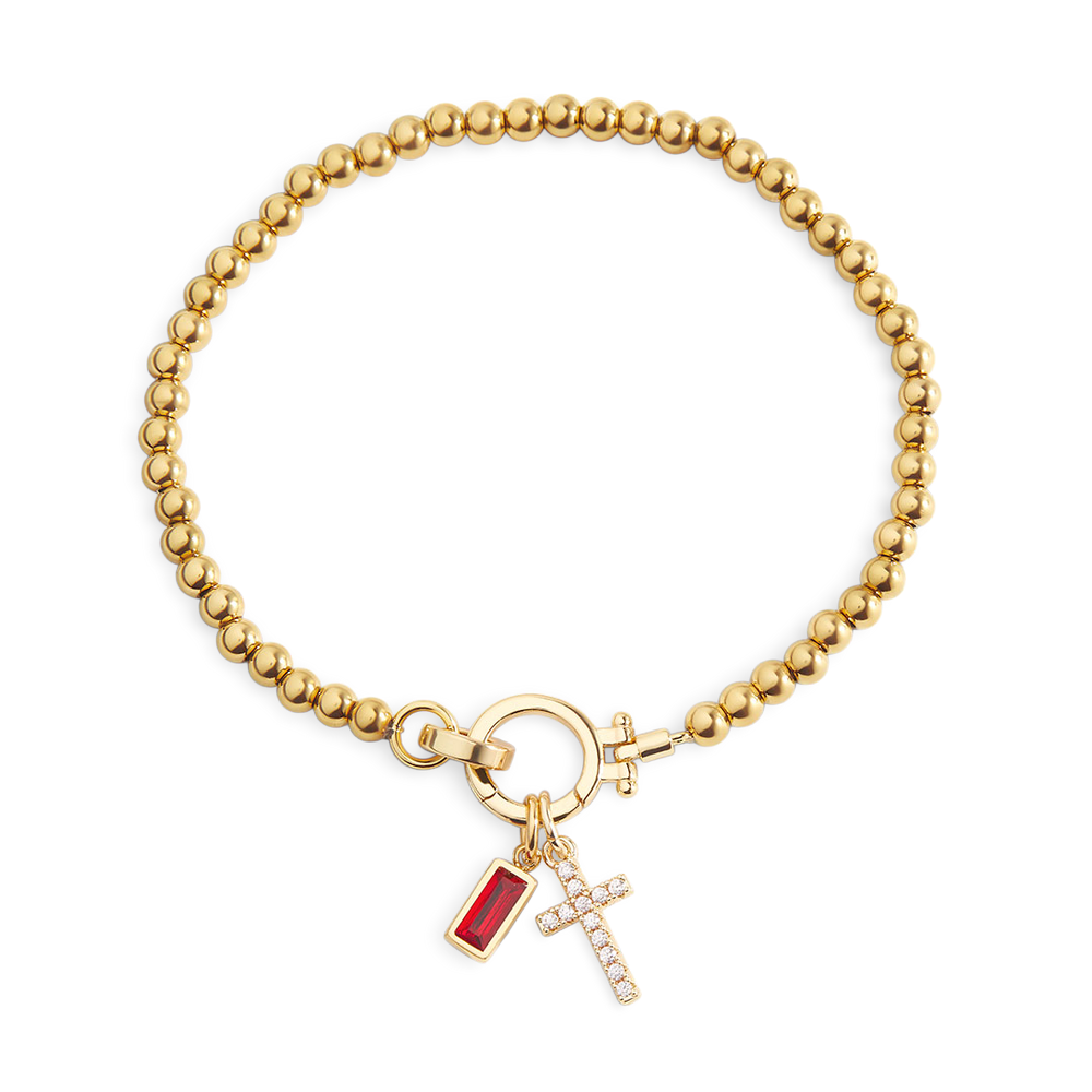 Cross Charm Birthstone Bracelet - January Garnet / 7"