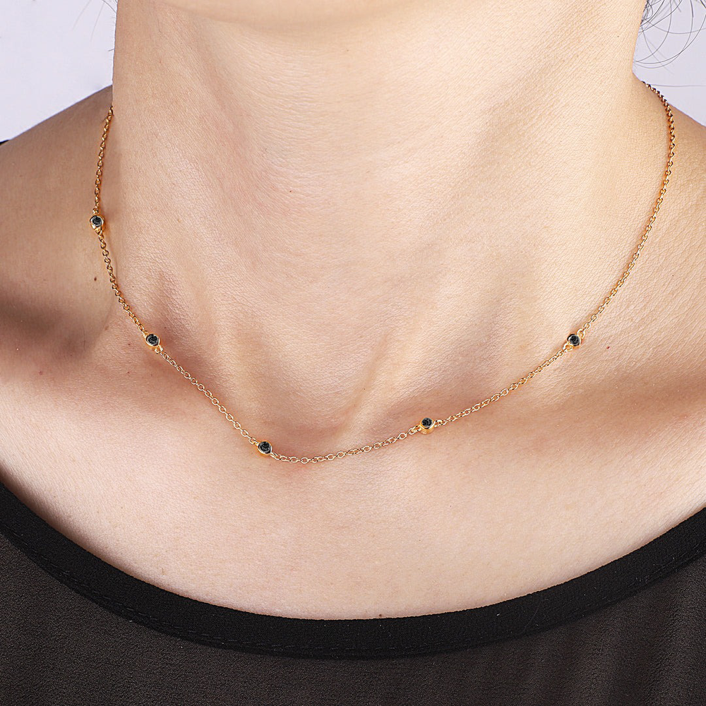 Black Diamond Bezel-Set Five Crystal Necklace - 18k Gold Over Sterling Silver