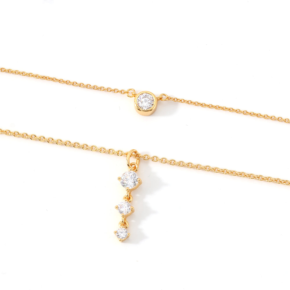 Classic Bezel Solitaire & Three Stone Drop Necklace Bundle - Gold