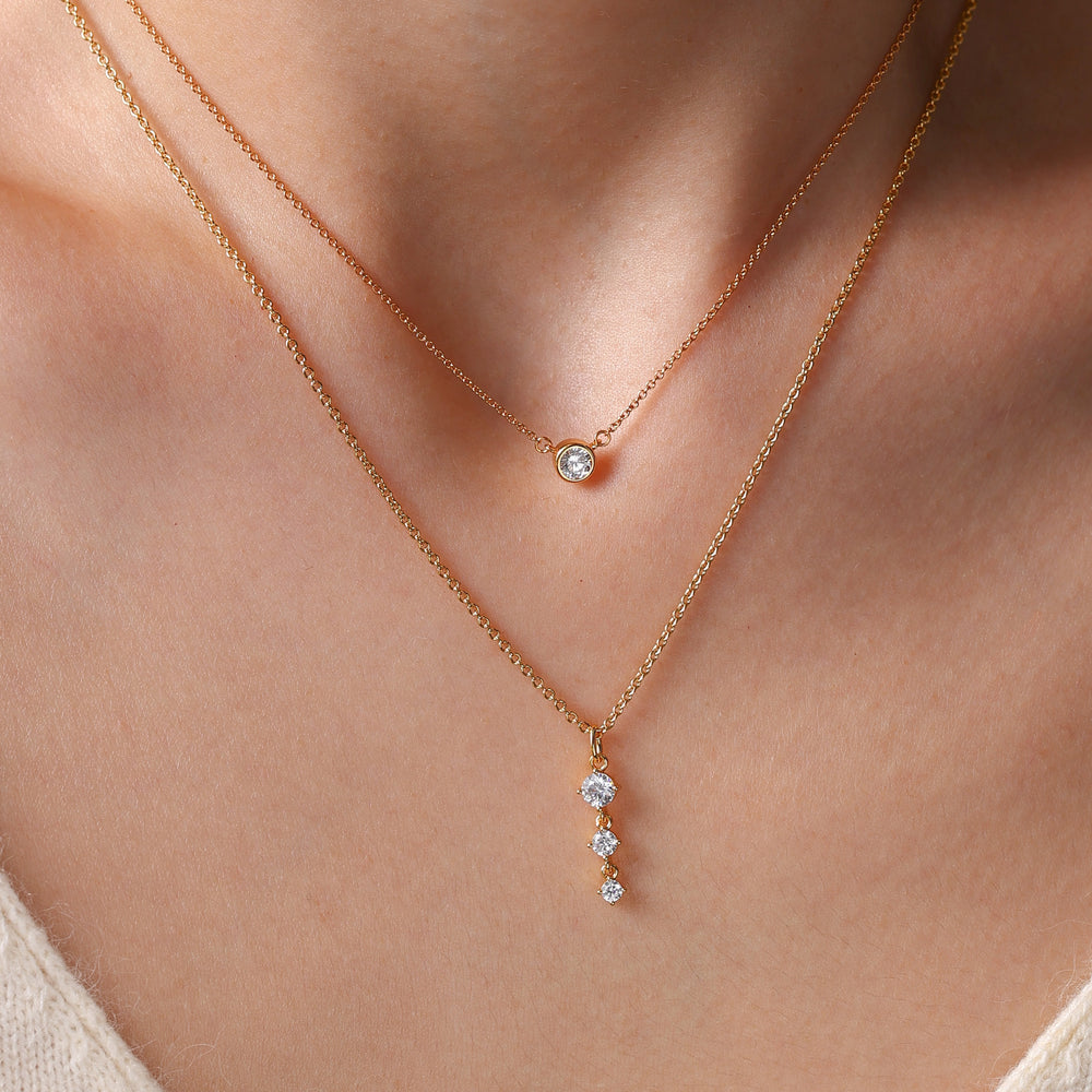 Classic Bezel Solitaire & Three Stone Drop Necklace Bundle - Gold